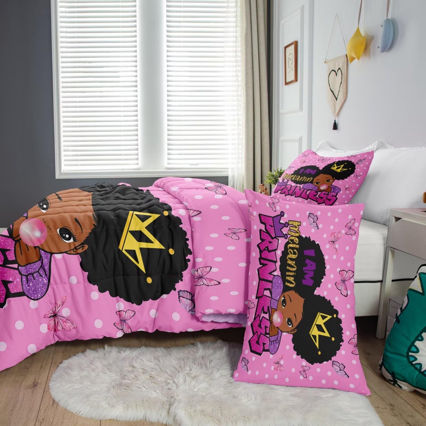 GRAT TIOC Little Black Girl Comforter Sets Twin Size,Black Girl Magic Bedding Set,Cute Little Princess Comforter Set for Kids Melanin Bedroom Bed Sets