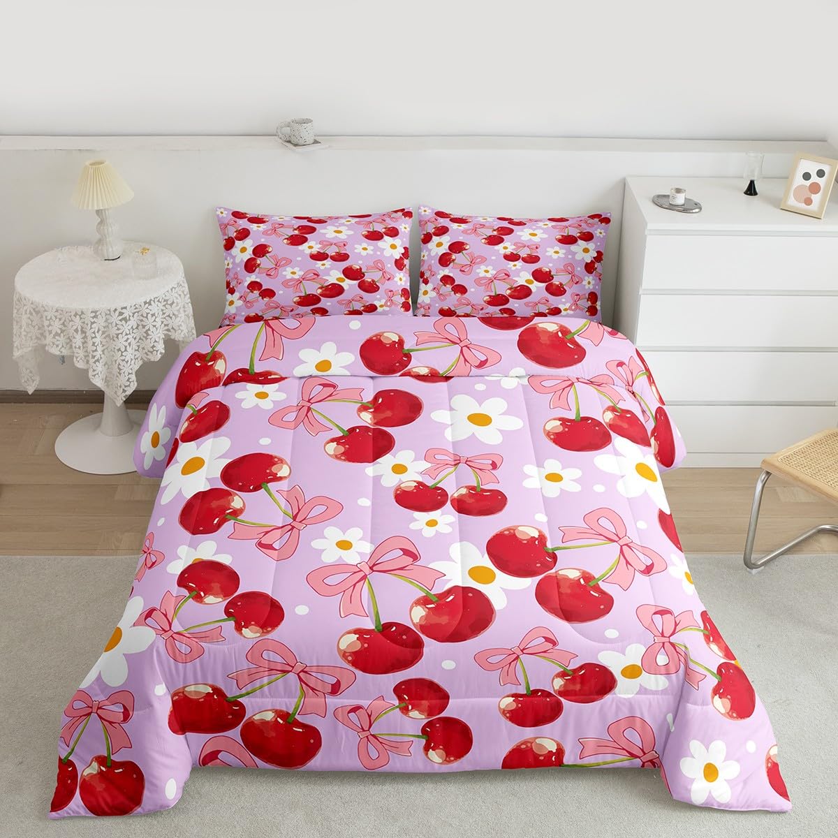 Erosebridal Red Cherry Bow Comforter Set Pink Bow Tie Full Size Bedding Sets | Daisy Flowers Rustic Comforter Dreamy Princess Style Ribbon Bowknot Bed Set,Purple