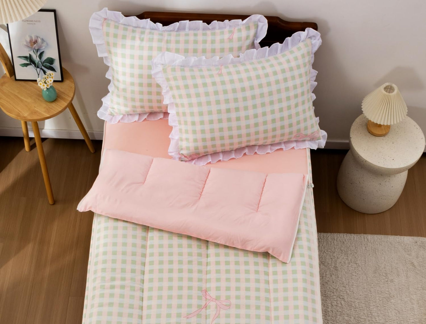 Meeting Story 3pcs Zipper Bedding Twin Kids Pink Bow Checked Plaid Comforter Set for Girls(Pinkgreen,Twin)