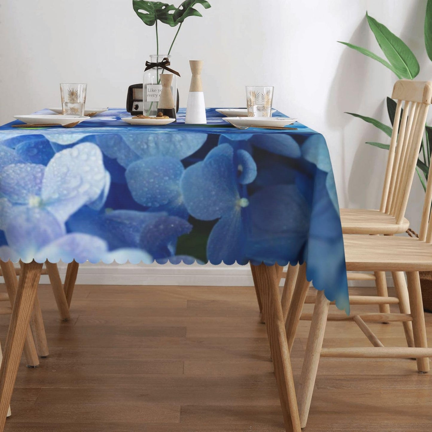DRAVVIX Blue Hydrangea Flower Rectangular Tablecloth Floral Table Cloth with Wavy Lace Decoration Polyester Table Cover for Dining, Parties 54x72 inch