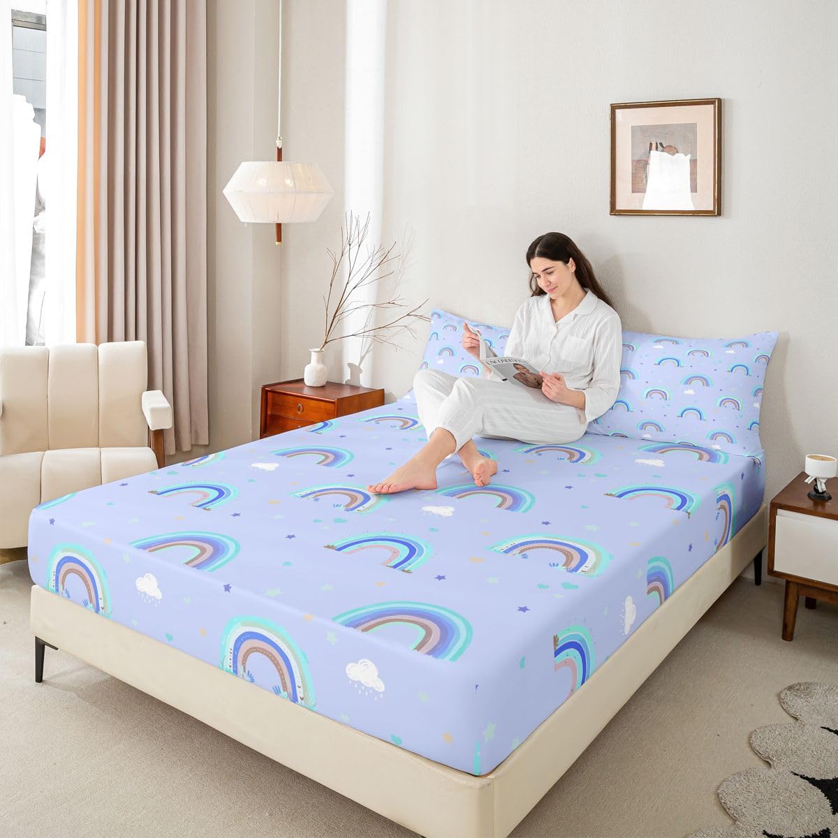 Castle Fairy Blue Rainbow Fitted Sheet Queen Size (No Flat),Cute Love Heart Bedding Sets 3Pcs,Girls Boys Adult Room Decor,Cartoon Cloud Bed Cover Coquette Deep Pocket Sheet,2 Pillowcases