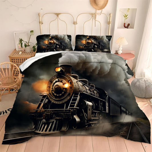 Albideyaa Vintage Steam Train Pattern Comforter Bedding Set for Twin Size Bed Soft Microfiber 3D Old Style Train Print Kids Adult Bedroom Duvet Set Modern Quilt Set with 1Pillowcase
