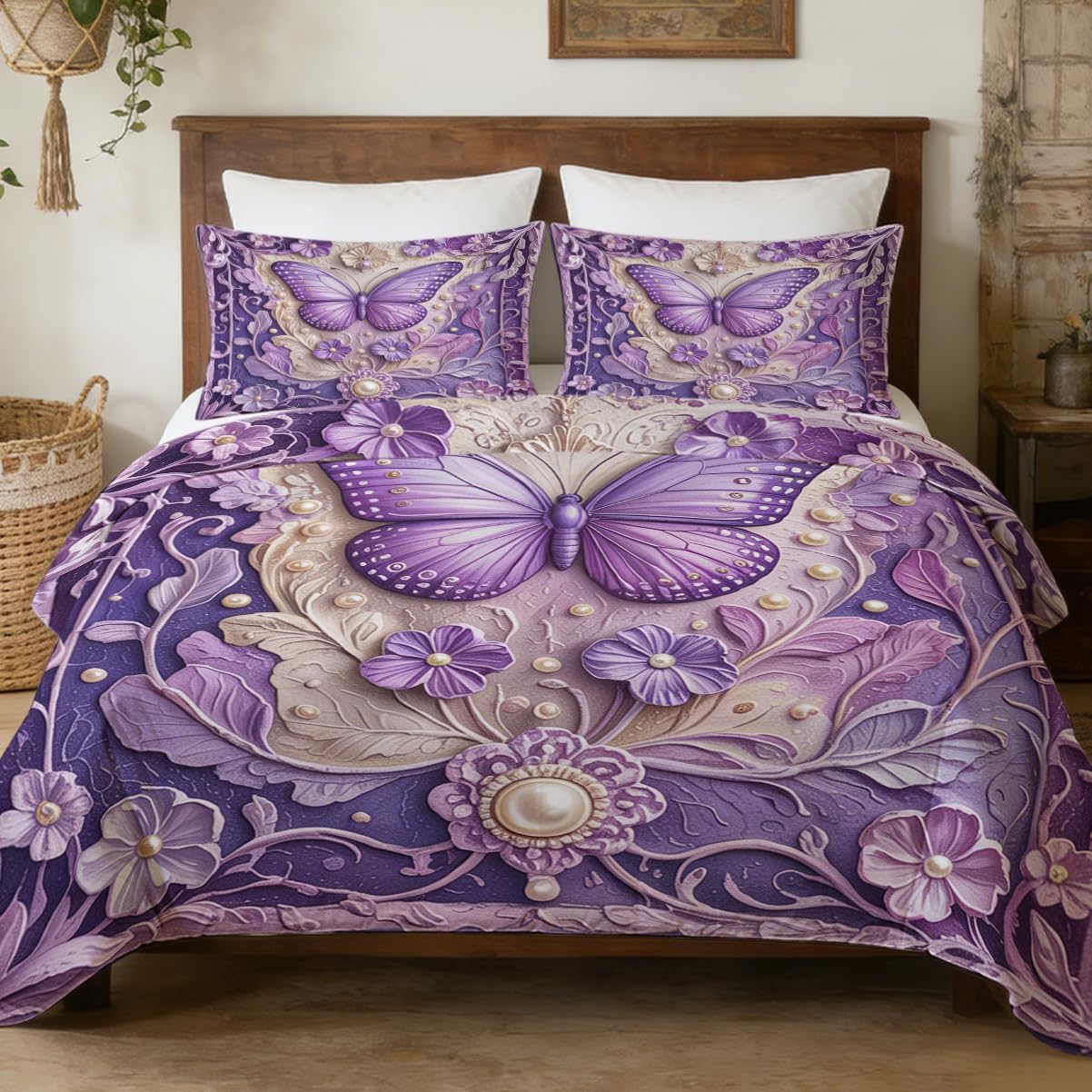 MILANKET Purple Butterfly Duvet Cover Set, Ornate Fantasy Floral Bedding with Lavender Gradient, Soft Microfiber Zipper Closure and Corner Ties for Romantic Bedroom Decor, 3 Piece Twin