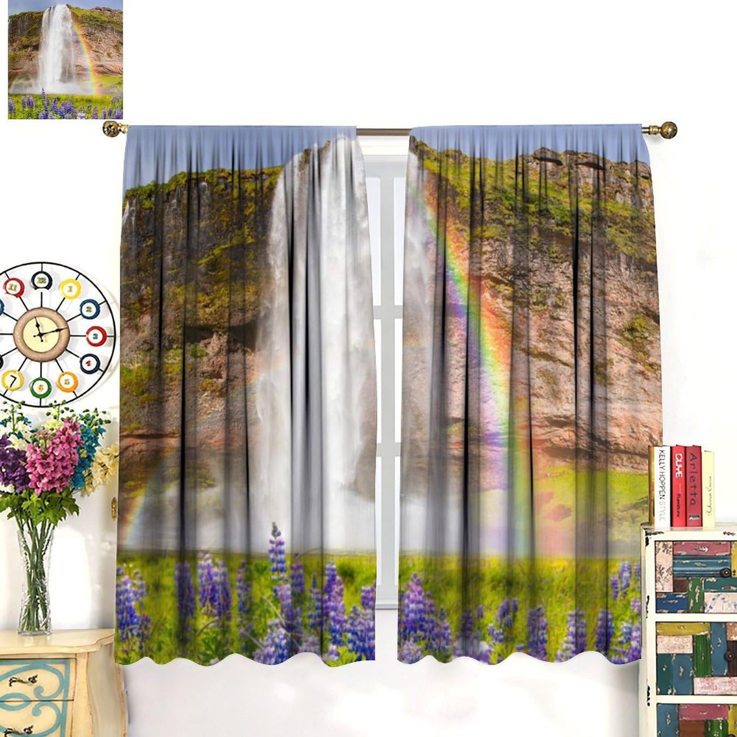 Rainbow Waterfall Curtain, Purple Wild Flower Green Plants Natural Scenery Landscape Print Decor Rod Pocket Window Drapes, for Bedroom Living Room 42" W X 45" L