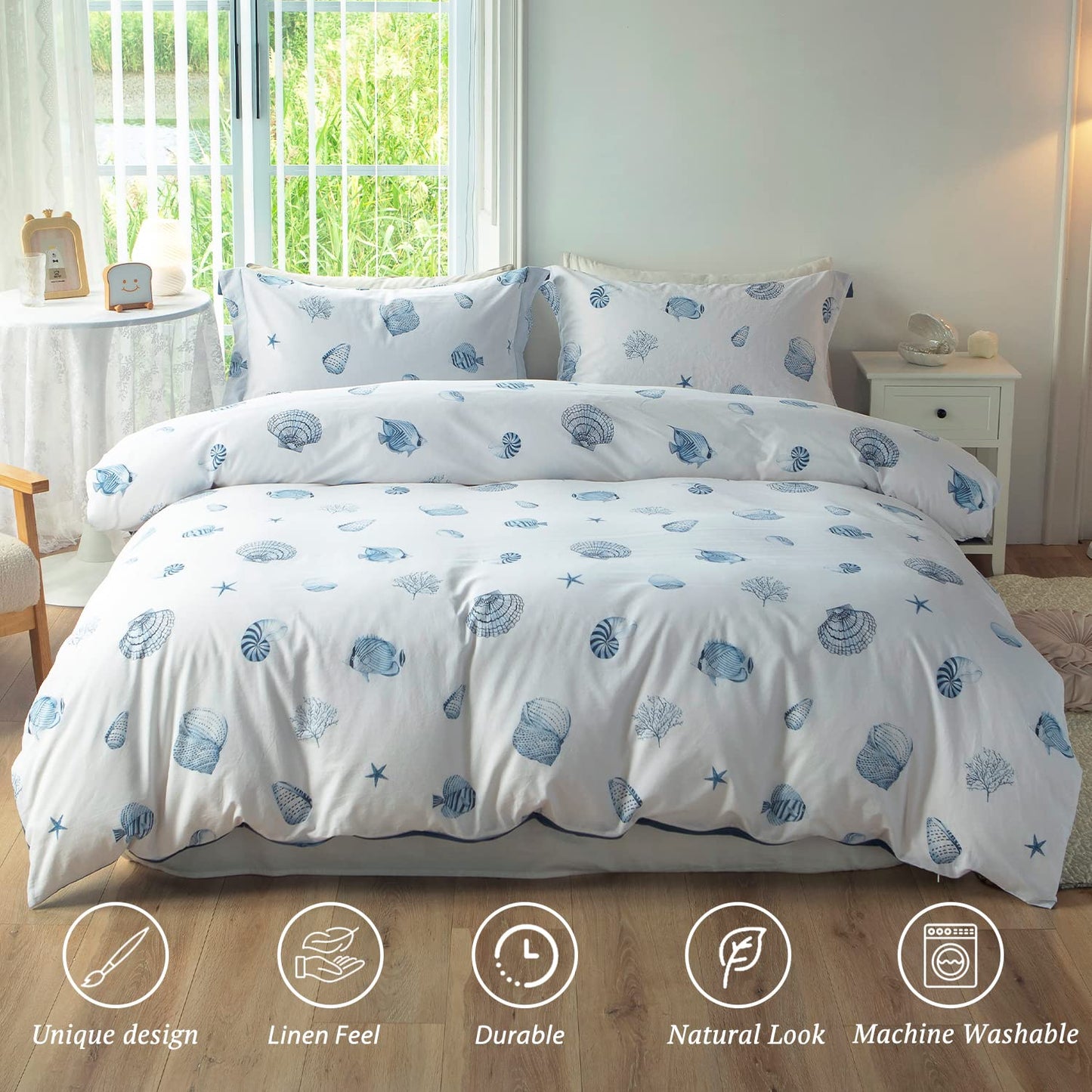 MILDLY Blue Seashell Pattern Duvet Cover Set Nautical Comforter Cover 3pcs
