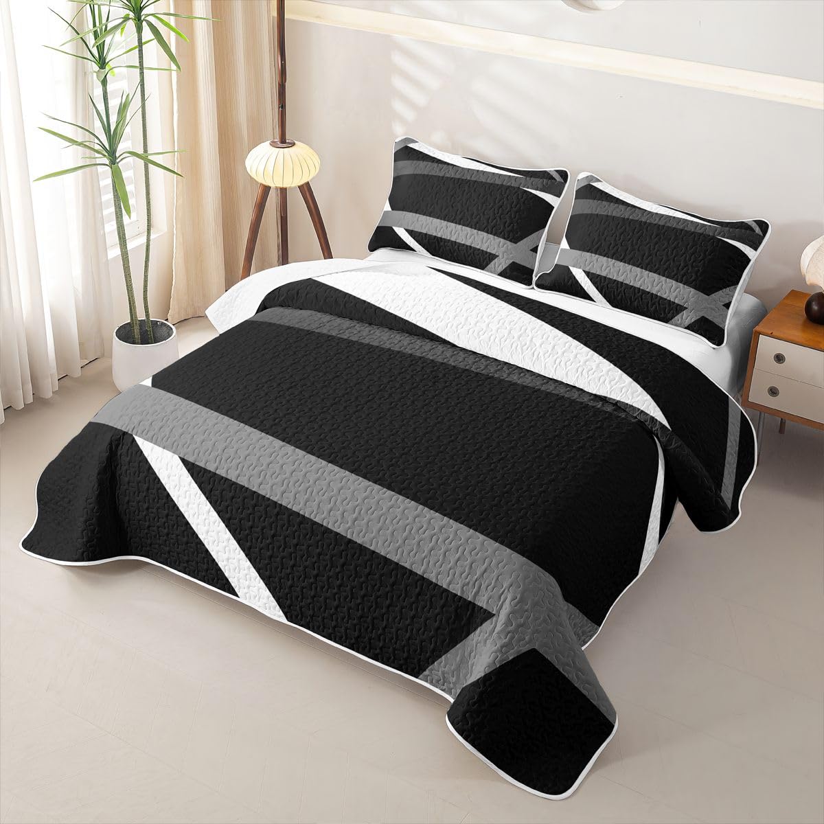 Erosebridal Gray Black White Striped Quilt Set for Adult Women Men - Modern Abstract Quilt Twin Geometric Lines Quilted Bedspread Aesthetic Boho Coverlet Bedroom Decor