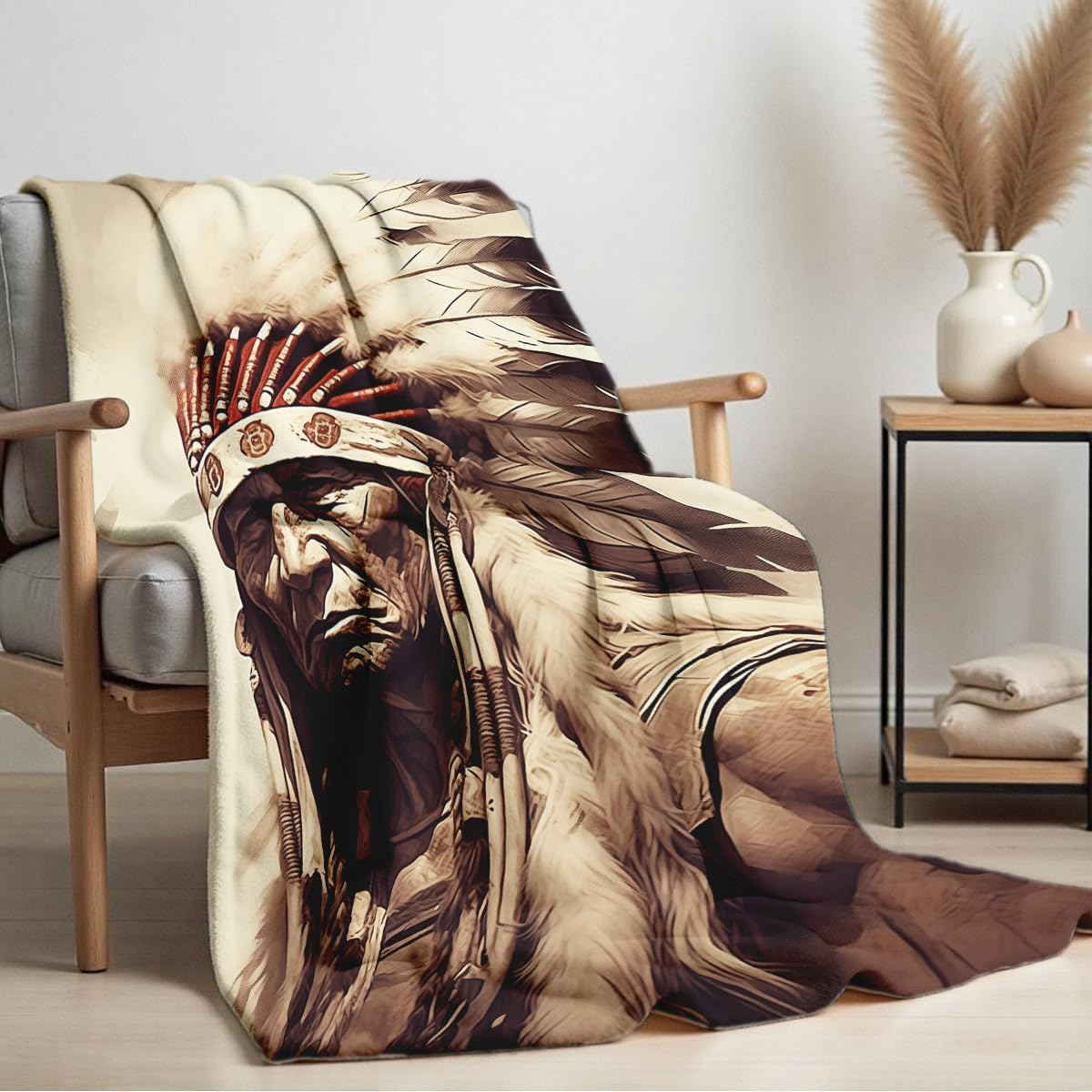 HUNXIAOJ Native American Blankets for Men Indian Print Blankets and Throws for Couch Bed Room Home Western Decor Flannel Throws Queen Size Native American Indian Gifts (49"x59")