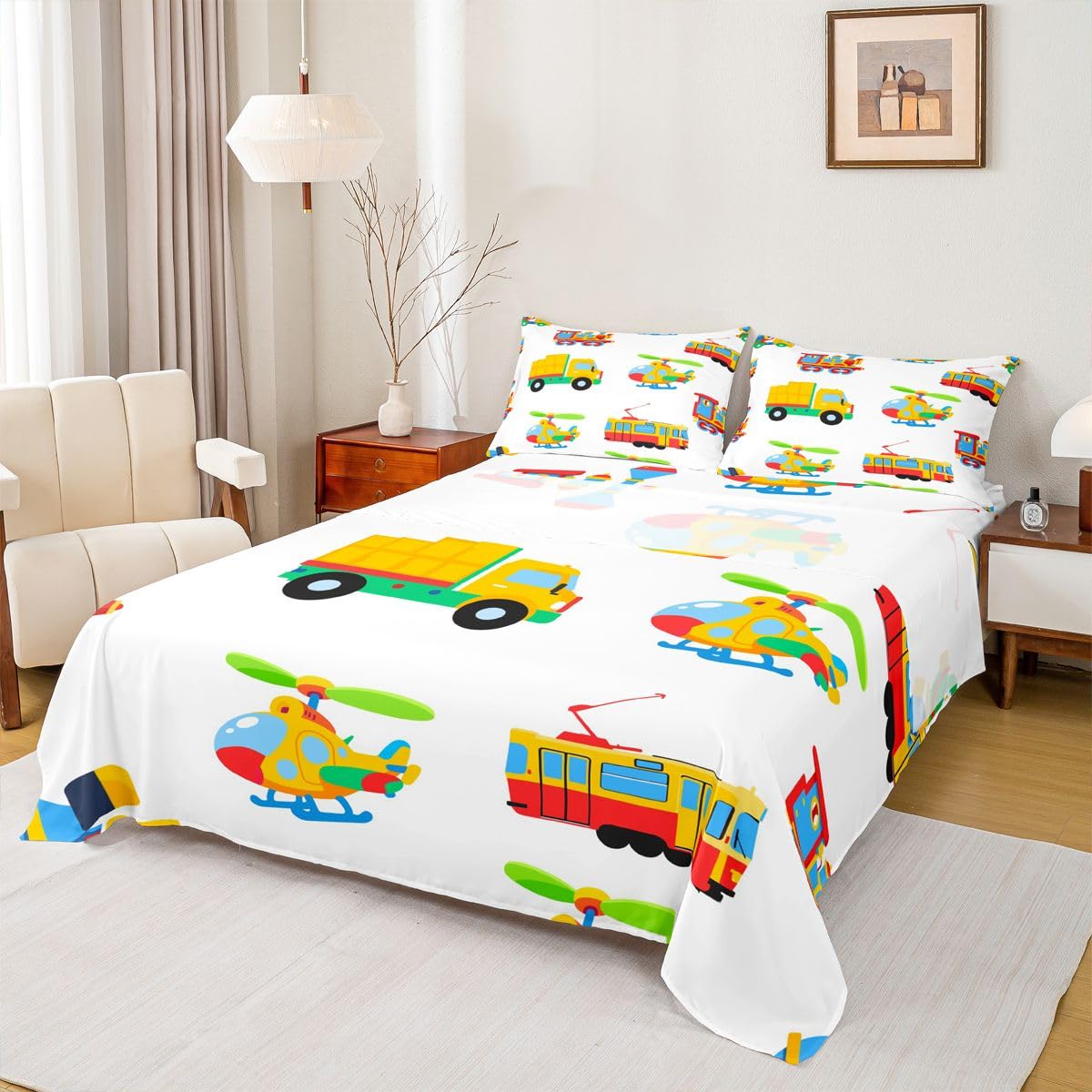 Cartoon Car Sheet Set Kids Construction Sheets with Deep Pocket Fitted Sheet for Boys Cute Train Aircraft Bed Sheets Set Breathable Airplane Print Construction Vehicles Bedding Set Room Decor Full