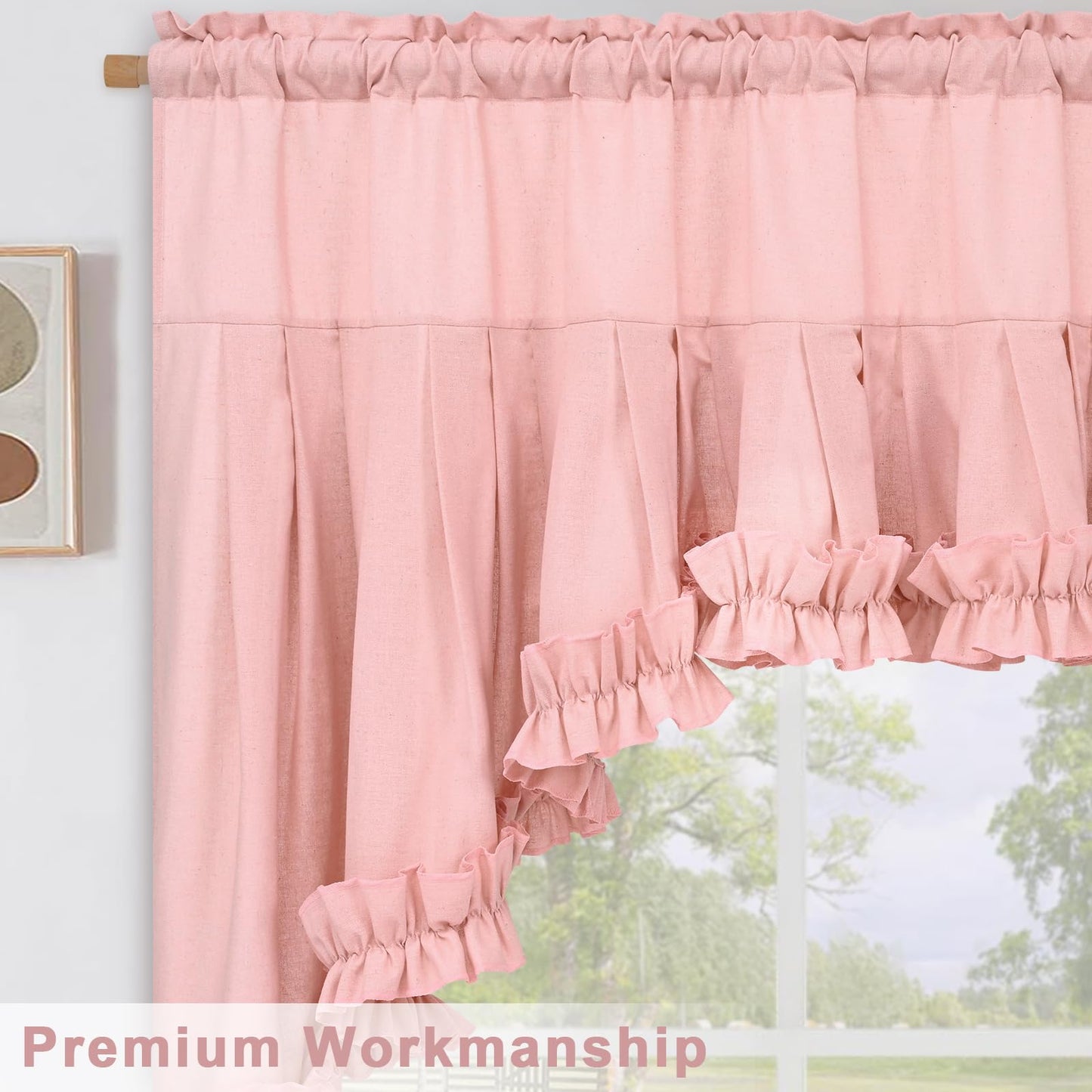 Likiyol Linen Valances for Windows Farmhouse Ruffle Swag Valance Rustic Country Window Valances Light Filtering Kitchen Curtains Rod Pocket Valance Curtains for Bathroom Cafe, Pink, 60" W x 36" L