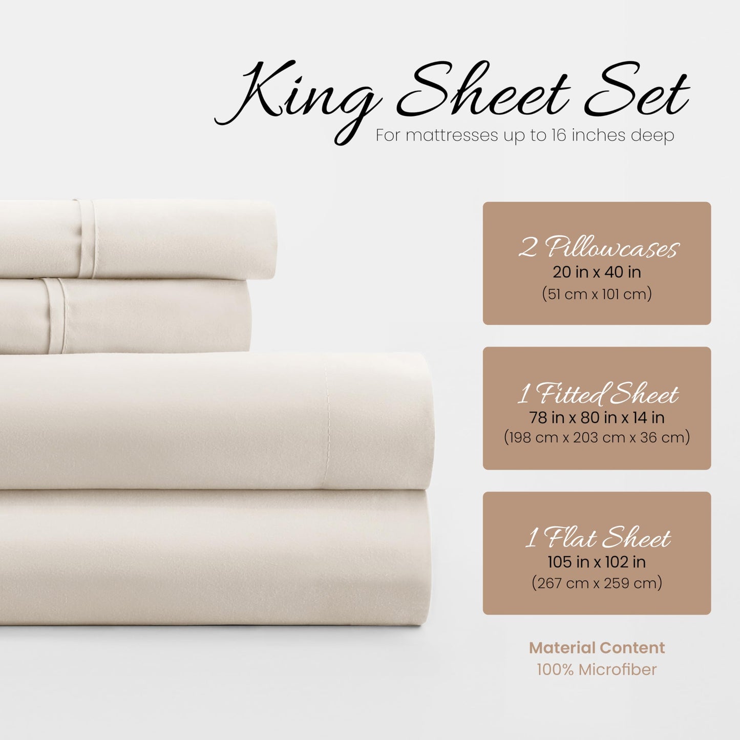 Linen Market Double-Brushed Microfiber King Sheet Set 4 Piece – Oeko-TEX Certified Ultra Soft & Wrinkle-Free - 16" Deep Pocket Sheets - Easy Care King Size - Ivory