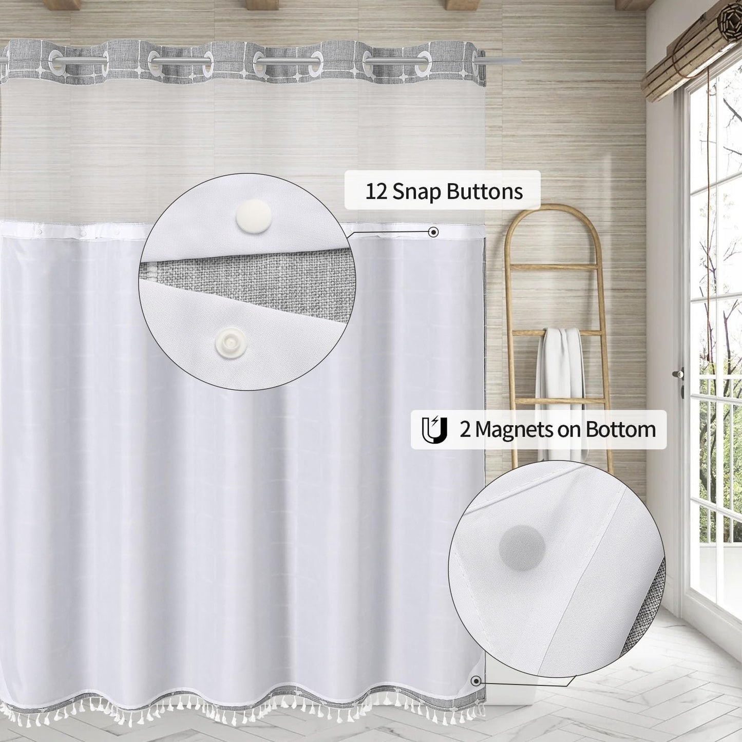 MitoVilla No Hooks Required Farmhouse Shower Curtain with Snap-in Liner - with Window & Magnets, Boho Cotton Linen Fabric Shower Curtains with Tassels for Rustic Bathroom Decor, Grey, 72 x 74
