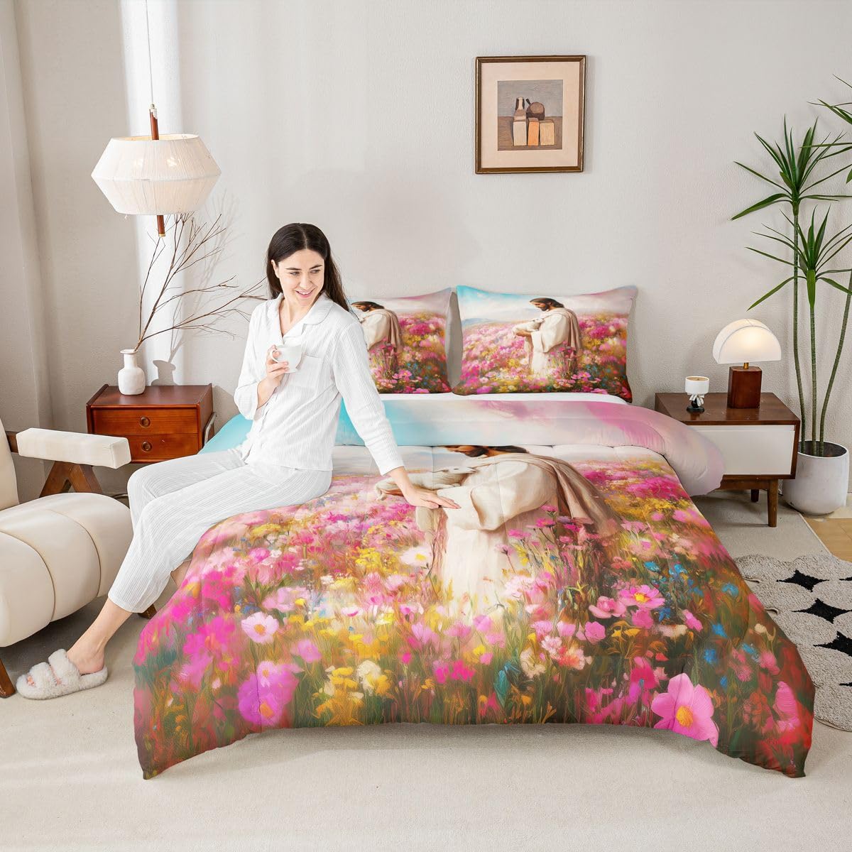 Manfei God and Lamb Kids Comforter Set Twin Size,The Lost Lamb Western Flowers Bedding Set Boys Girls Room Decor,Belief Spiritual Artwork Quilt Comforter,Pink Duvet Set Bedroom Quilt Set,1 Pillowcase