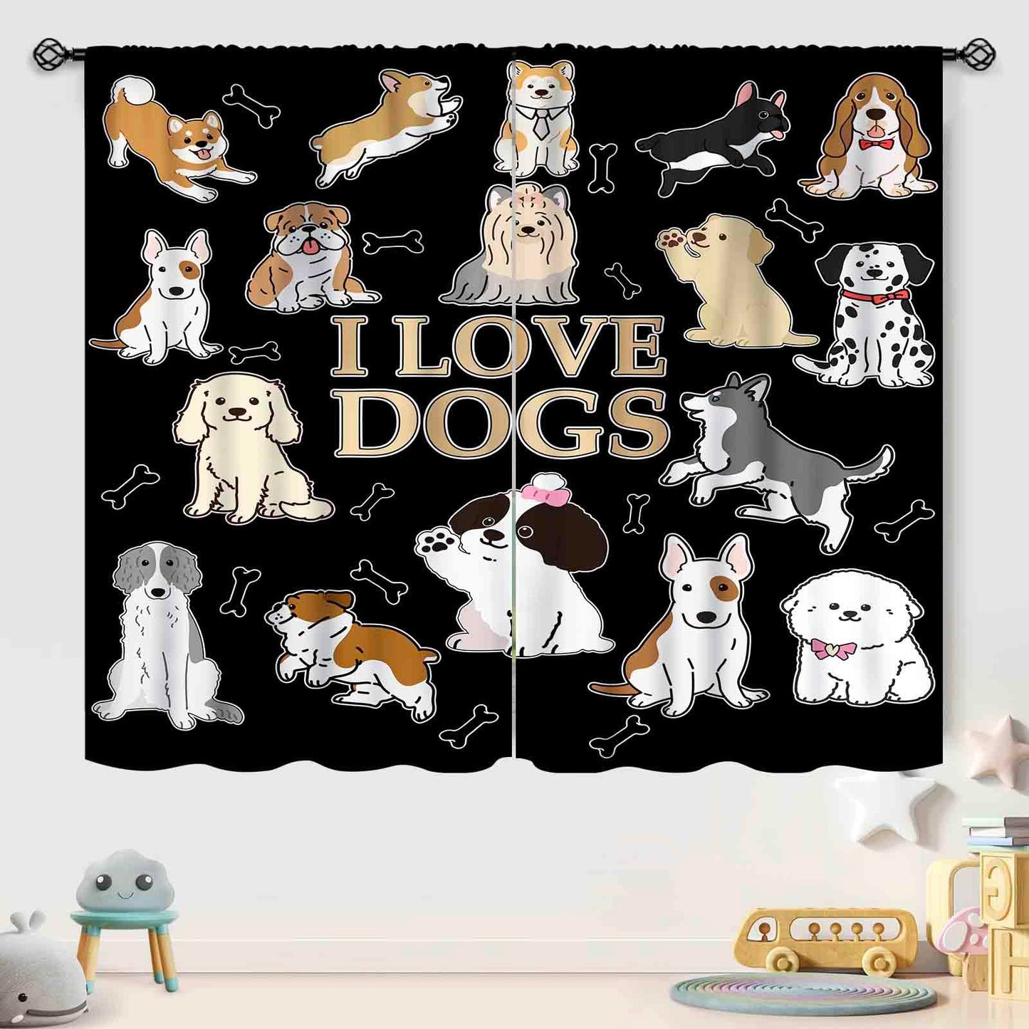 Dog Curtains,Cute Funny Watercolor Animals Dog Paw Print Cartoon Black Window Treatments for Kids Nursery Baby Bedroom Living Room 2 Panels,42X45 Inch