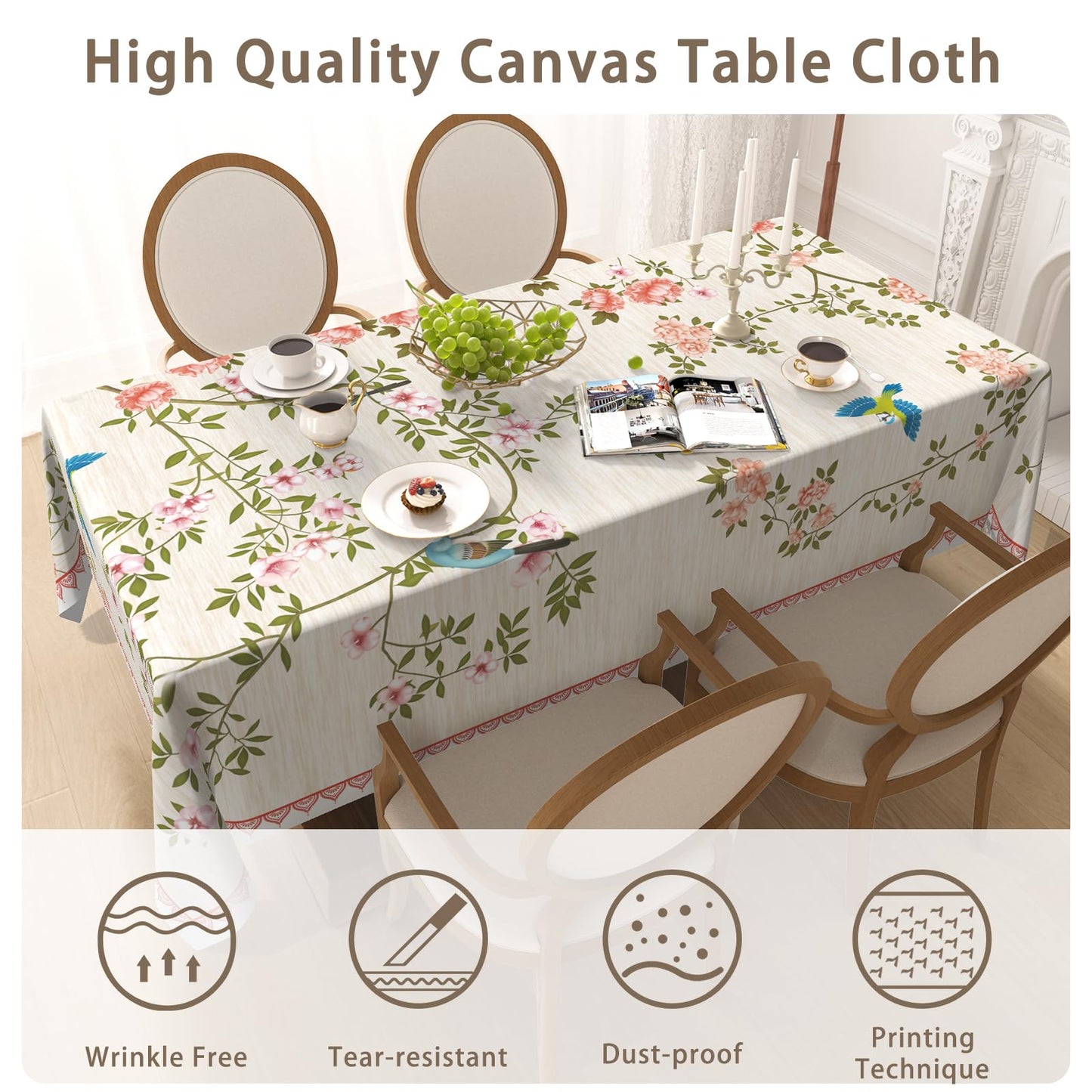 Waterproof Canvas 60 x 84 Inch Rectangle Table Cloth, Floral and Birds Pattern Stain Resistant Summer Outdoor Tablecloth, Heavy Duty Washable Dining Table Cover for Farmhouse, Dinner, Picnic, Party
