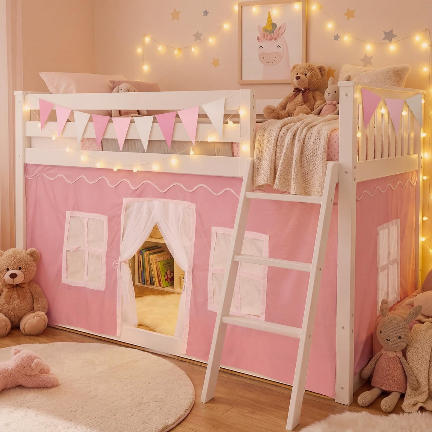 Breling 3 Panel Bunk Bed Curtains for Bottom Loft Bed Tent Set with Felt Flag Double-Layer Twin Bunk Curtains Playhouse Accessories for Boy Girl Bedroom(Pink and White,Classic)