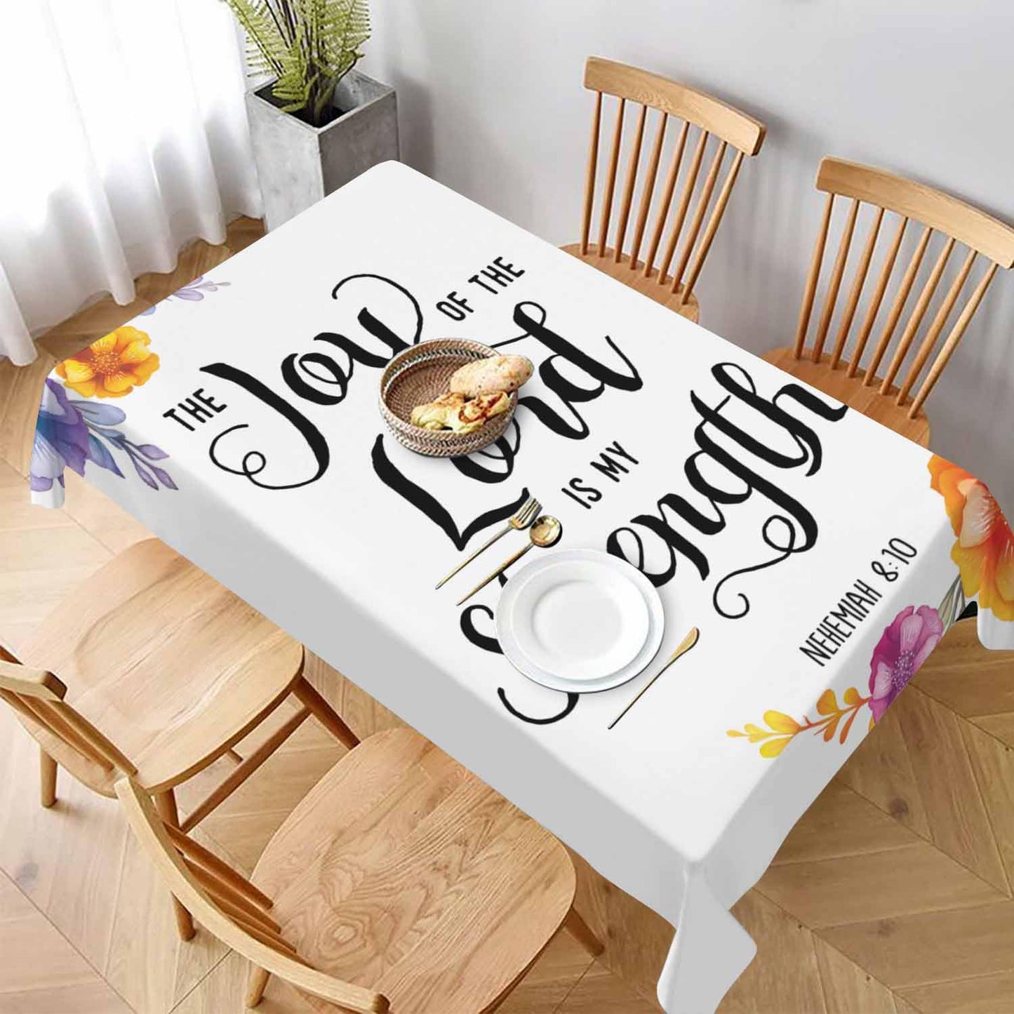 LoLo UoUo Flower Modern Quartz Table Cloth for Rectangle Table 60x84 Inch My Strength Scripture Religious Decorative Kitchen Table Cover Decorations for Home Dinner Party Outdoors Picnic