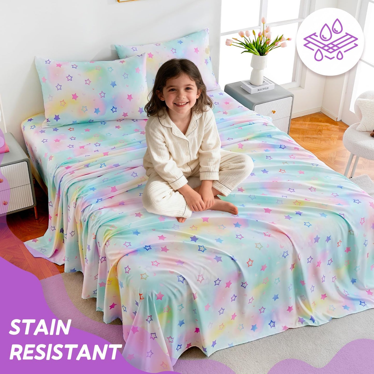 ChicView Queen Sheet Set Kids,4 Pieces Breathable Soft Microfiber Bedsheets for Child Boys Girls, Anti Pilling Deep Pockets Easy Care Bed Sheets, Stars