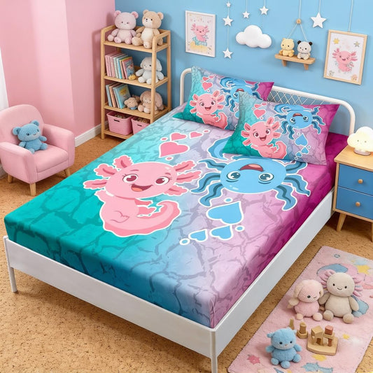 HOSIMA Axolotl Bedding Set Pink and Blue Axolotl Pattern Kawaii Twin Fitted Sheet Set for Kids Bedroom Decor,1 Fitted Sheet+2 Pillowcases.