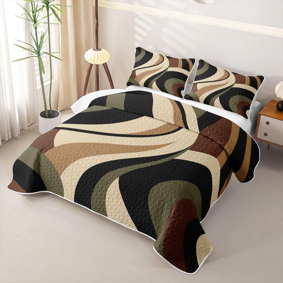 Erosebridal Green Brown Spiral Quilt Set for Adult Women Men Modern Swirls Stripes Abstract Quilt Twin Size for Minimalists Boho Coverlet Graffiti Art Lines Quilted Bedspread with 1 Pillowcase