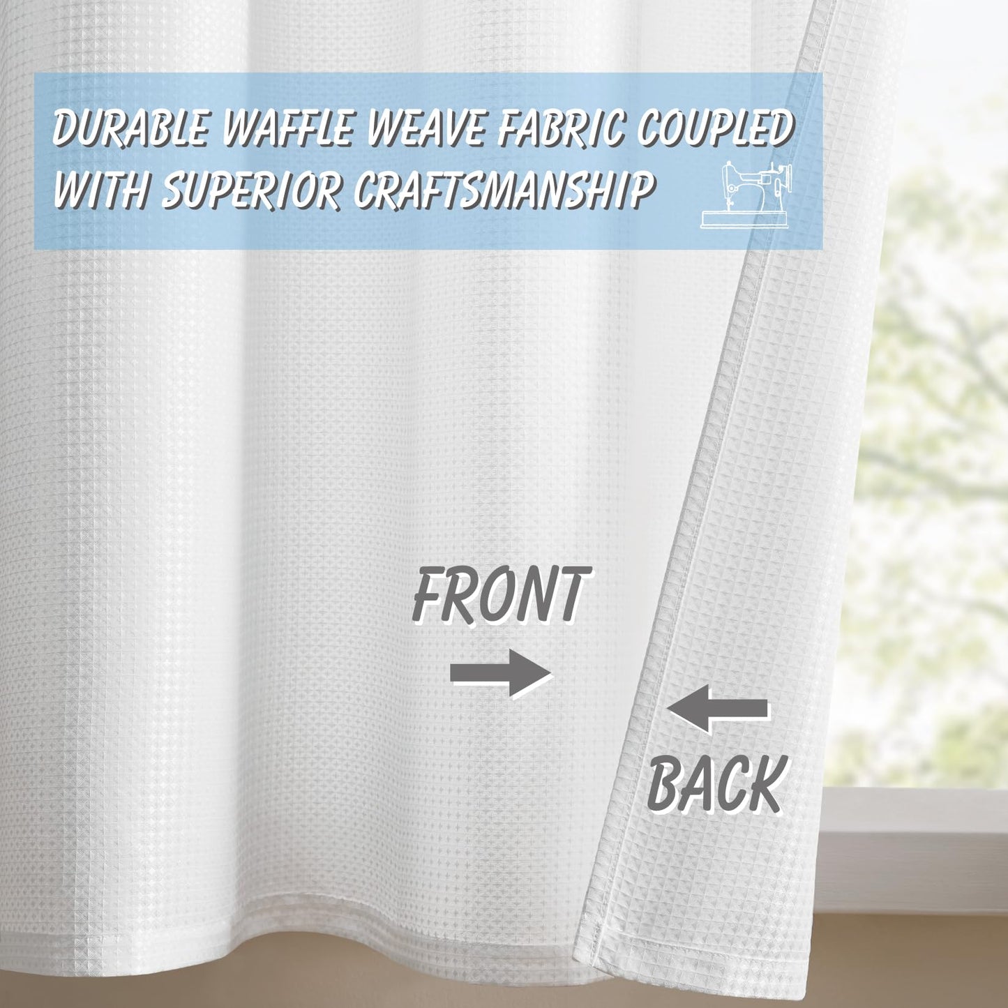 Home Queen White Waffle Bathroom Window Curtains, Water Repellent Rod Pocket Kitchen Drapes for Small Window, 2 Panels, 24 W X 24 L Inch Each