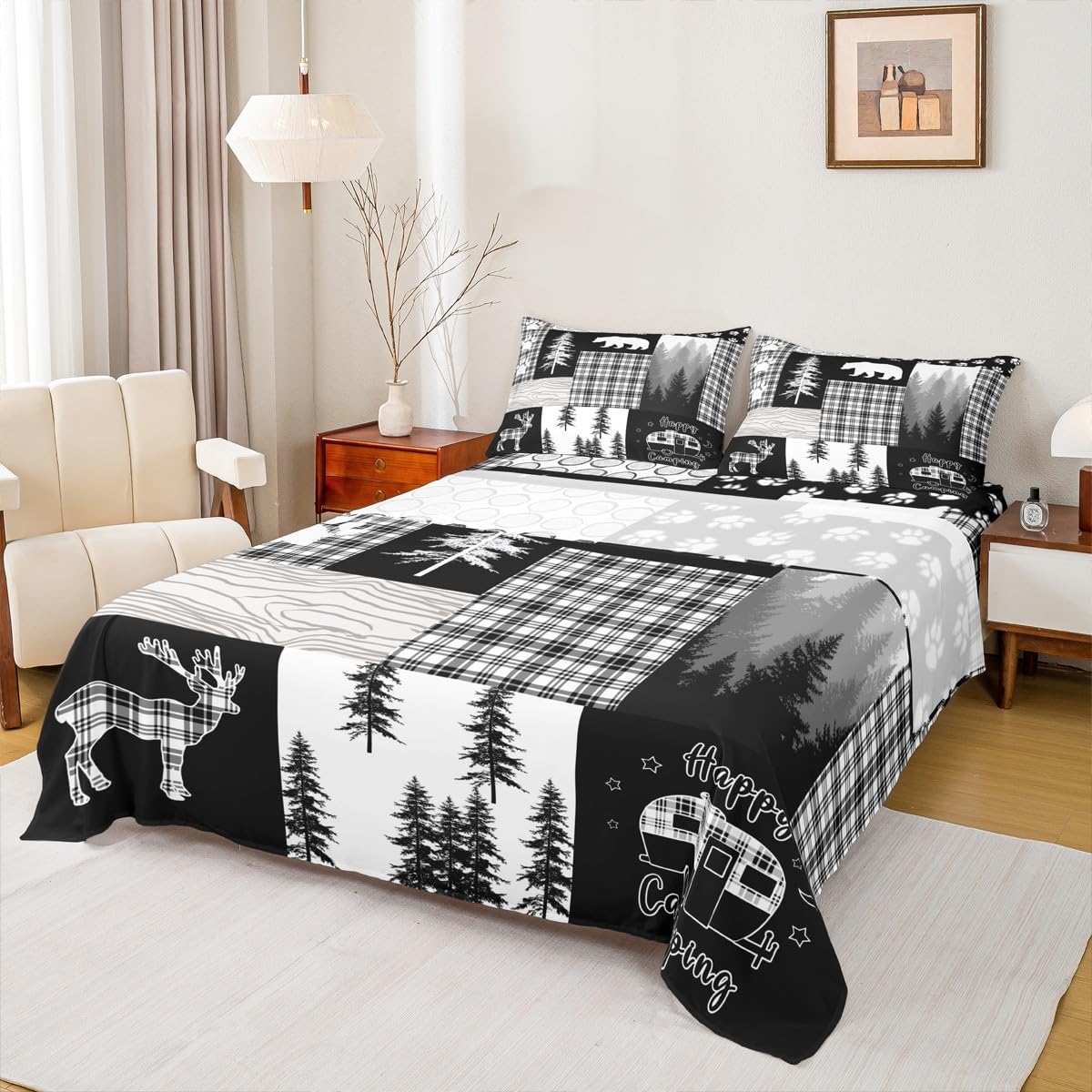 Erosebridal Bear Sheet Set Queen Size,Deer Hunting Woodland Rustic Cabin Bed Sheets for Boys Girls Kids Adult,Camping Adventure Geometric Plaid Patchwork Fitted Sheet,Xmas Pine Tree Sheets Gray Black