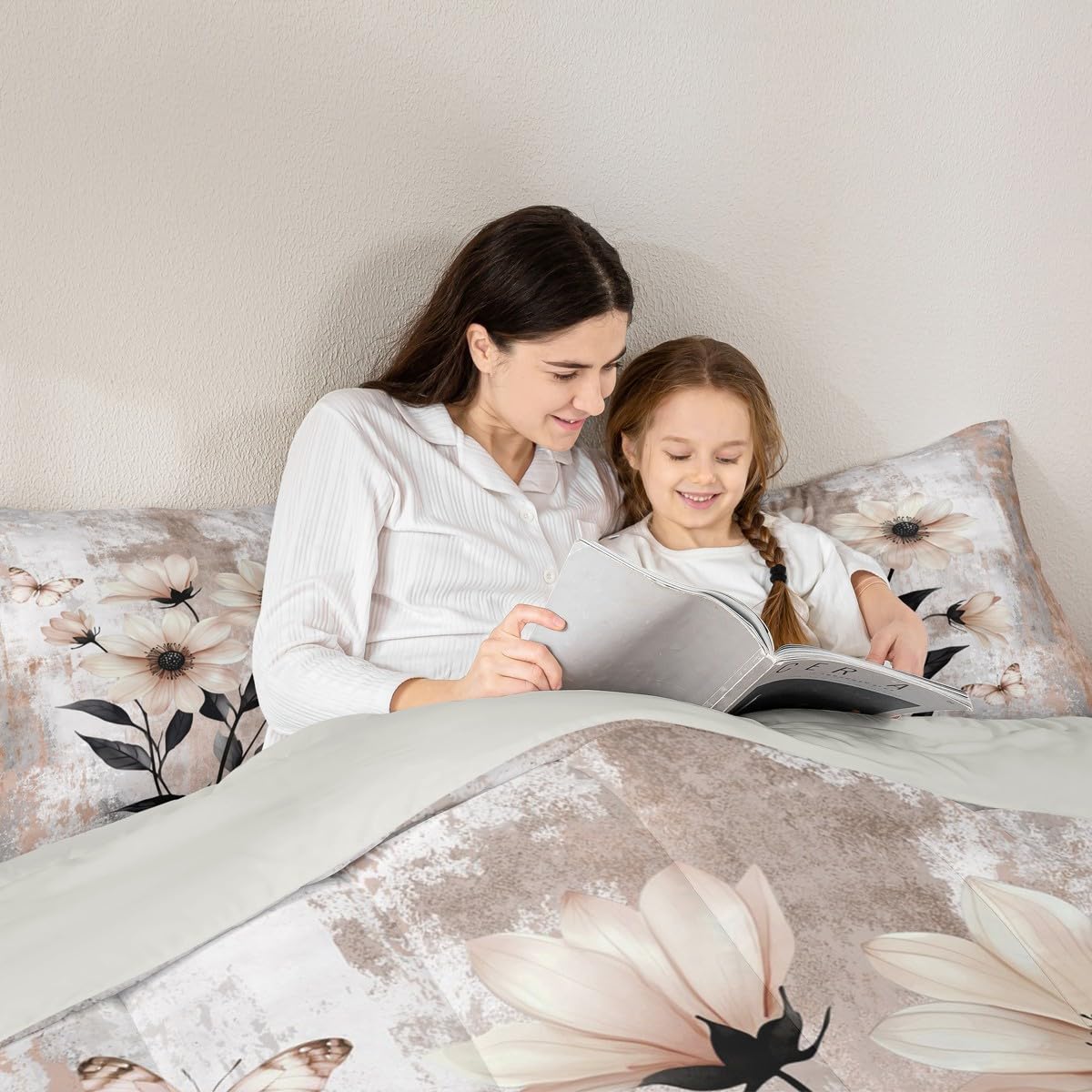 Erosebridal Watercolor Daisy Flowers Queen Comforter Set Abstract Oil Painting Bedding Set Rustic Farmhouse Bed Set Ombre Beige Brown Grey White Quilt Set