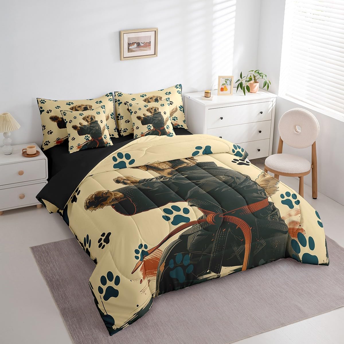 Feelyou Kids Taekwondo Comforter Set with Sheets Queen Size, Kungfu 7 Pieces Bedding Set Boys Girls Cute Dog Bed in A Bag Japanese Sports Teens Bed Set Bedroom Decor 7Pcs