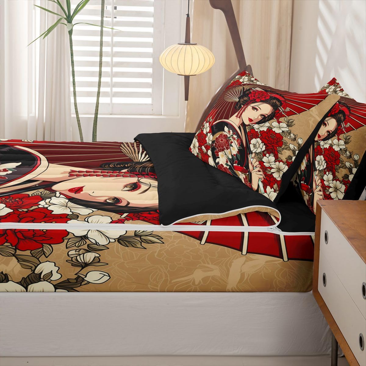 Erosebridal Geisha Kids Comforter Set with Zipper, Japanese Twin Size Zipper Bedding Set, Traditional Geisha Bed-in-A-Bag
