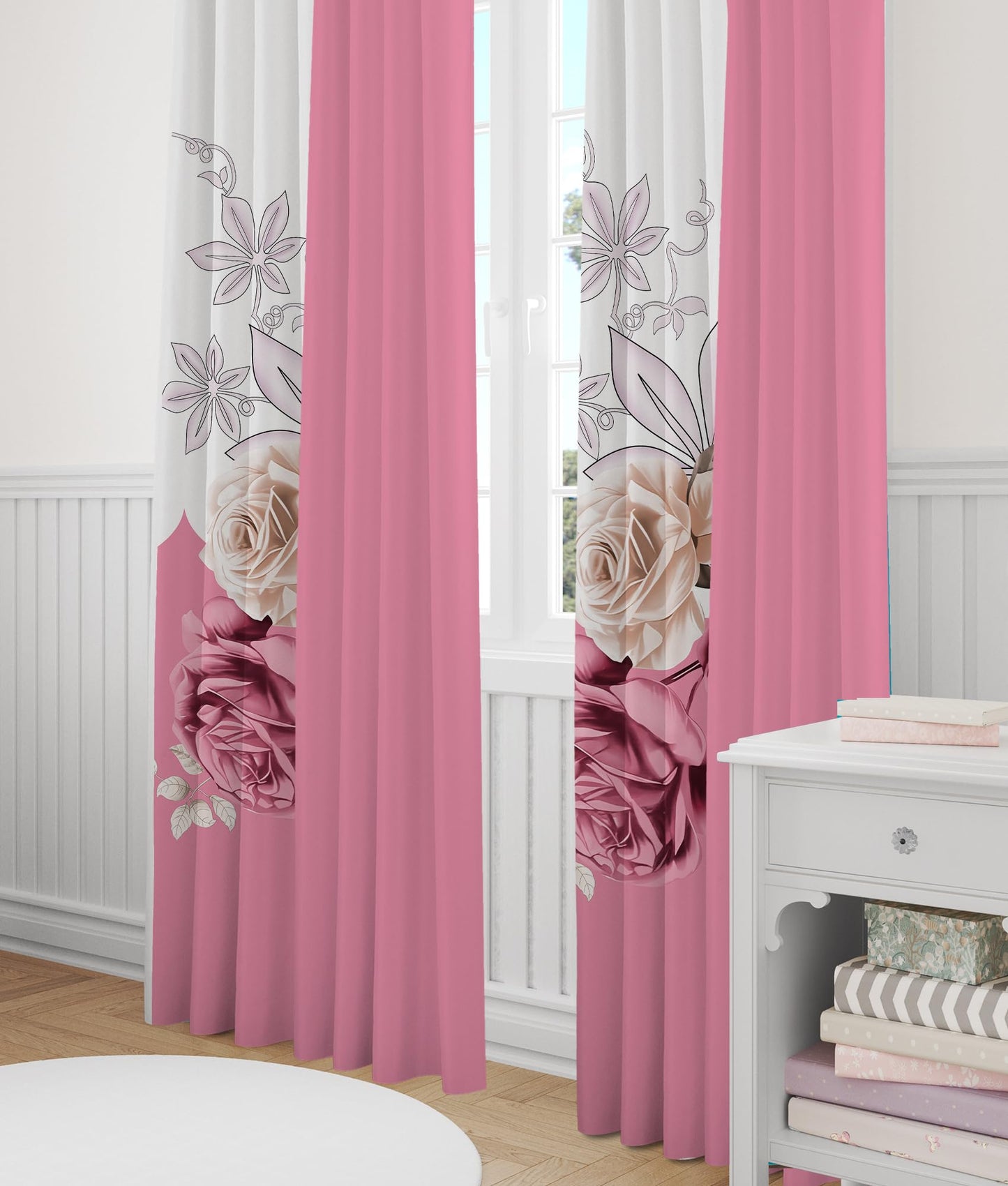Reylox Pink Rose Floral Curtains with Grommets, 6 Pcs Set (2 Print Curtains, 4 Solid Curtains, 38"x84"), Patterned Decorative Curtains for Bedroom, Machine Washable Elegant Curtains