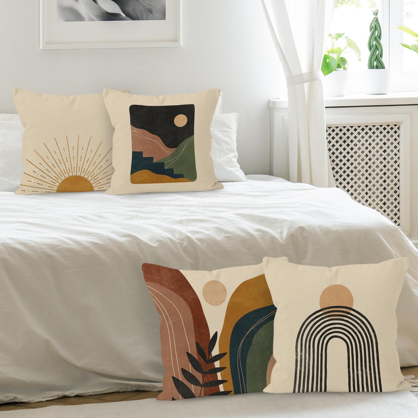HUYAW Boho Throw Pillow Covers 18x18,Boho Sun Sunset Sunrise Rainbow Mountain Throw Pillows Covers, Abstract Pillow Covers Cover for Bed Couch Room Sofa Decor Set of 4