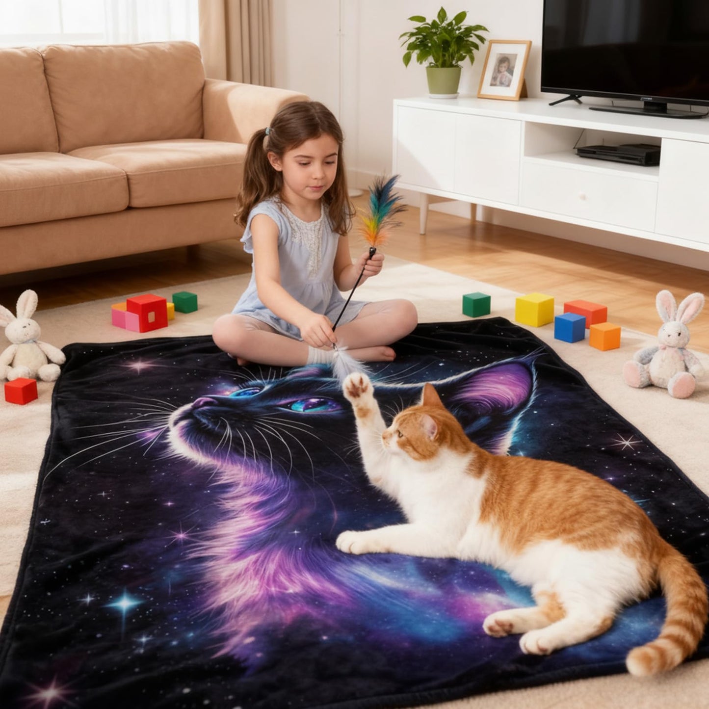 kampdream Galaxy Space Cat Flannel Blanket, Nebula and Starry Night Sky, Super Soft and Warm Couch Sofa Living Room Cute Decor Ideal Gift for Teens Girls 50×60 inch