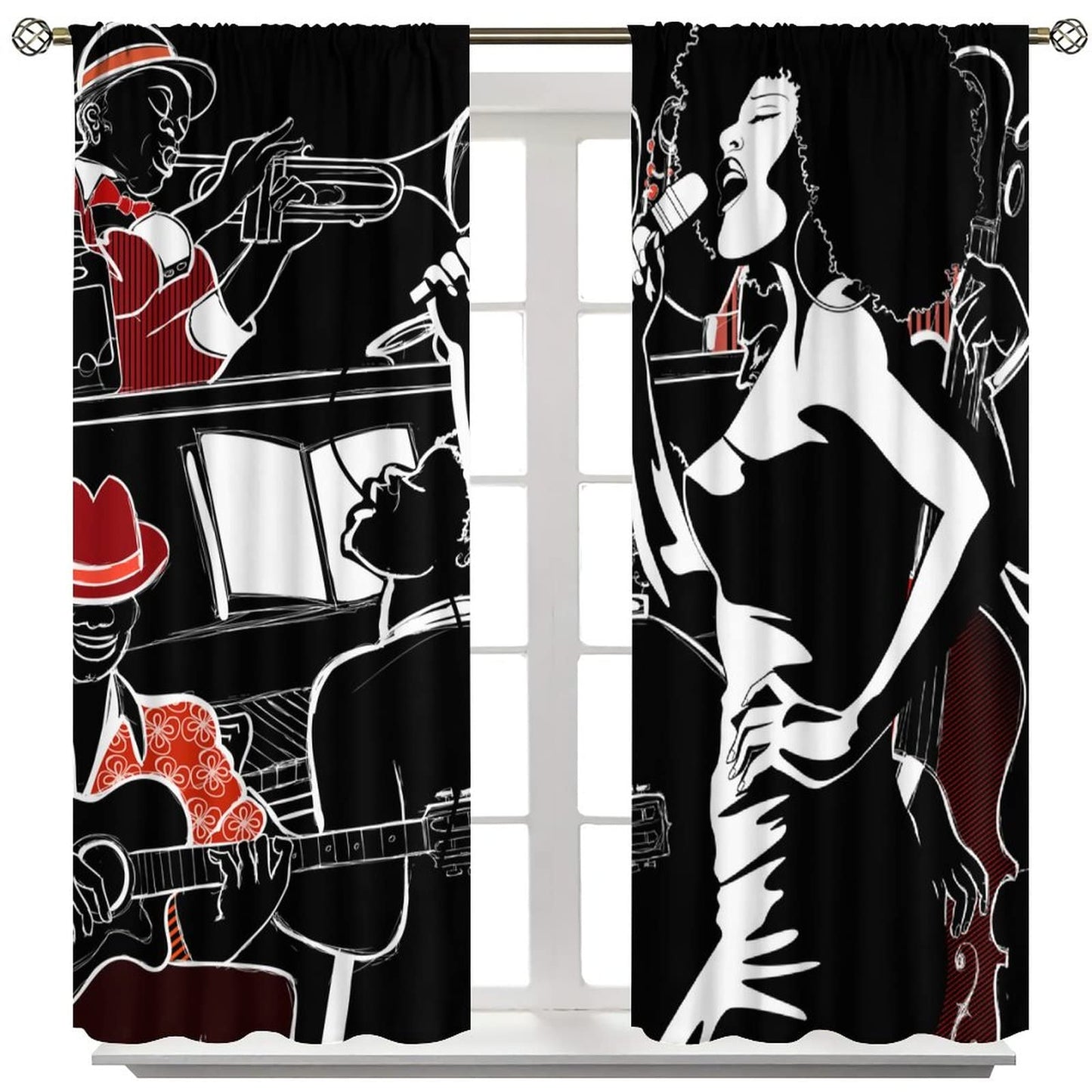 Modern Abstract African American Curtains, Jazz Band Afro Black Woman Singer Performer Silhouette, Thermal Insulation Blackout Window Treatments Rod Pocket for Living Room Bedroom Bathroom 42x45in
