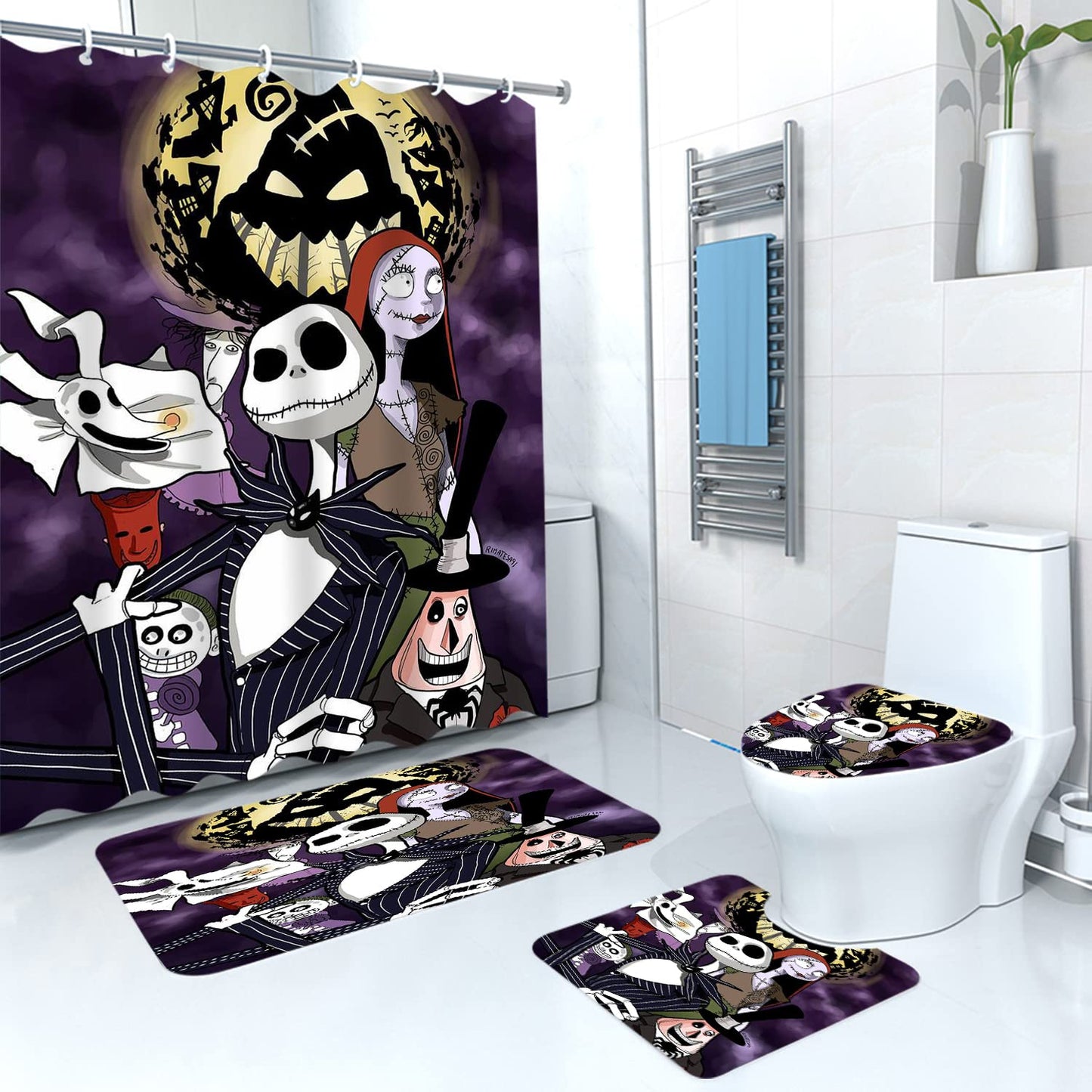 DDS-DUDES 4Pcs Christmas Shower Curtain Sets Kids Bathroom Halloween Christmas Decor with 12 Curtain Hooks for Bathroom, Waterproof 71 x 71 inch (D00041)