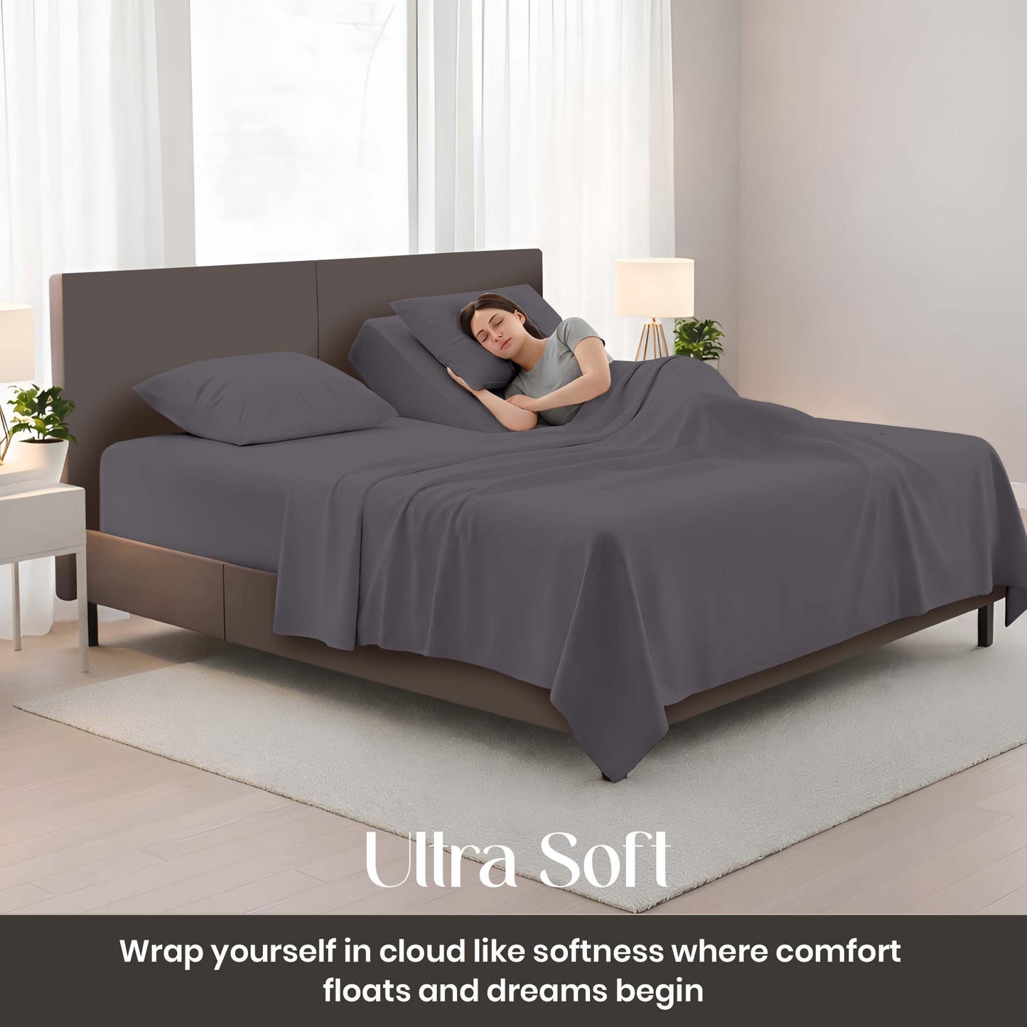 SGI bedding Adjustable Split Head Flex Top King 32" Microfiber Sheet Set – Ultra Soft, Cooling & Deep Pocket 15” Fitted, 4-Piece Breathable & Durable Bedding Set for Split King Beds -Dark Gray