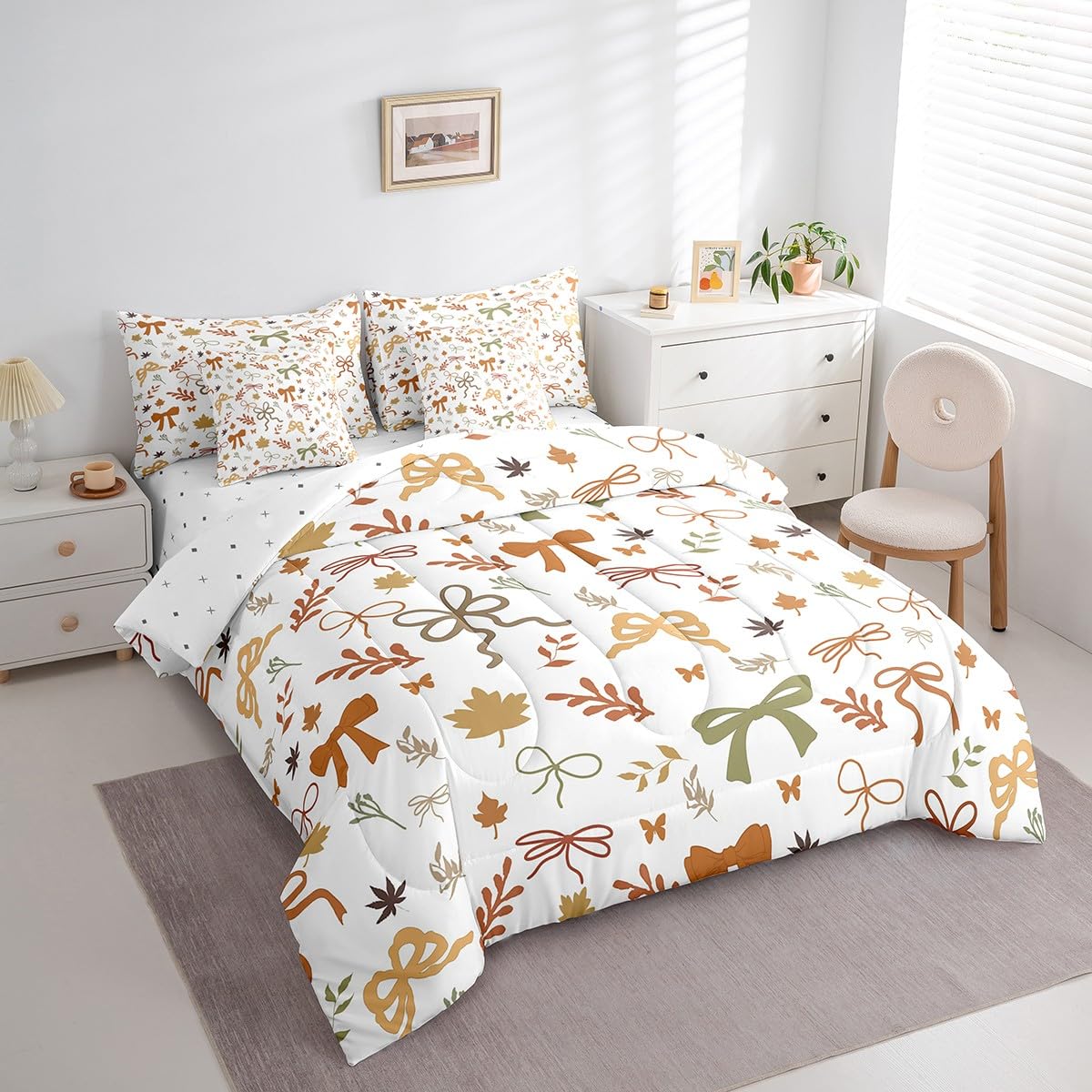 7 Pieces Fall Style Bow Comforter Set Full Size,Orange Green Bowknot Bedding Sets Kids Girls Boys Women Palm Leaves Rustic Boho Quilt + Fitted & Flat Sheets + 2 Cushion Cover + 2 Pillowcases