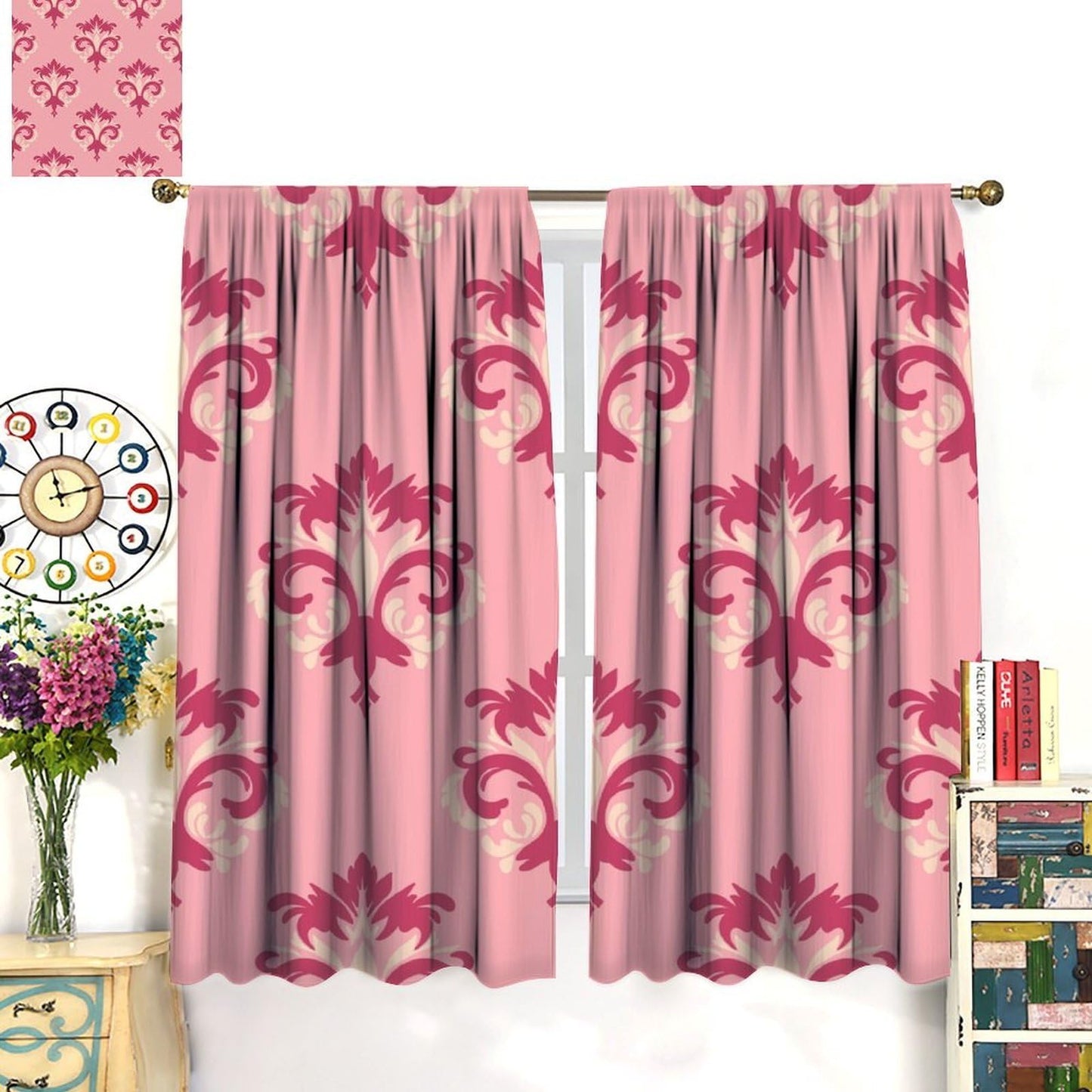 Nanacur Damask Curtains, Modern Damask Gothic Floral Leaves Country Farmhouse Window Drapes, for Living Room Bedroom 42" W X 45" L (Decorative)