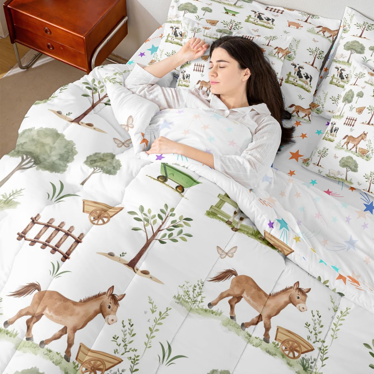 Erosebridal 7 Pcs Cute Farm Animals Kids Comforter Set Cartoon Horse Sheep Cow Pig Twin Bedding Set for Child Rustic Farmhouse Cabin Comforter Woodland Animal Trees Top Sheet for Boys Girls Bedroom