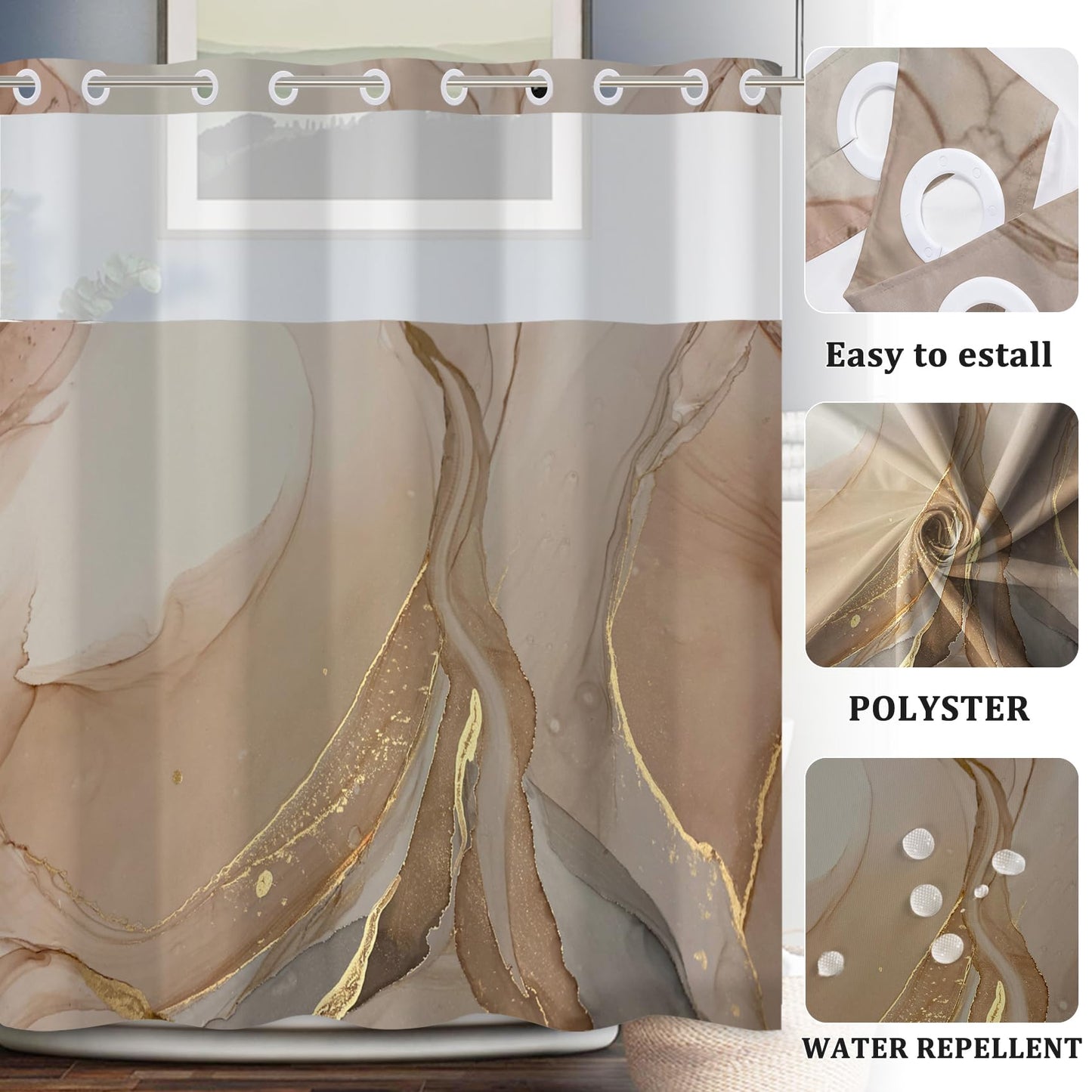 Baocicco No Hook Brown Marble Shower Curtain Golden Cracked Lines Shower Curtain with Snap-in Fabric Liner Set Double Layer Waterproof Fabric with Bathtubs Hotel Curtain Set Bathroom Decors 71x74 Inch