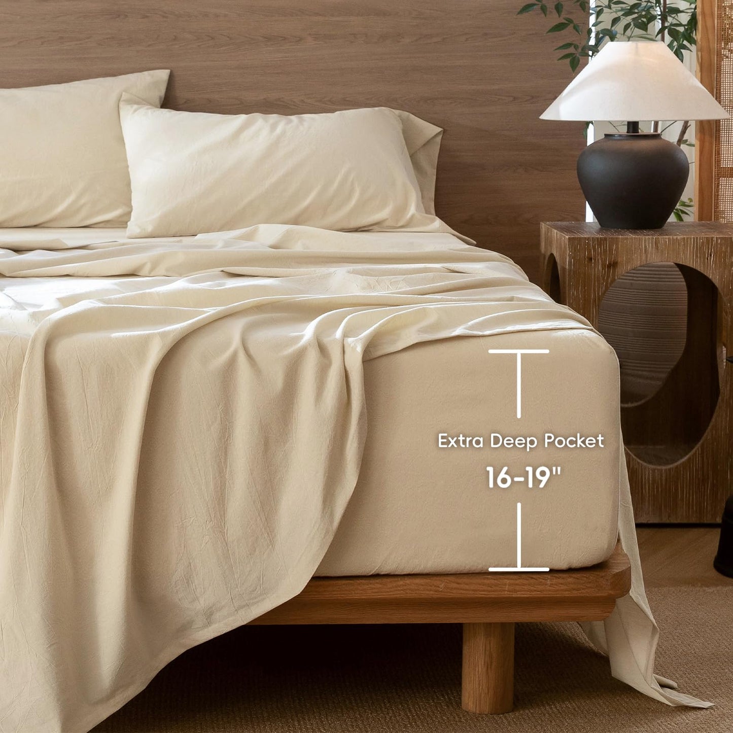 MooMee Fitted Bottom Sheet Only 100% Washed Cotton Linen Like Textured Breathable Durable Soft Comfy Deep Pocket Fits Mattress up to 17" (Almond Milk Grey, Queen)