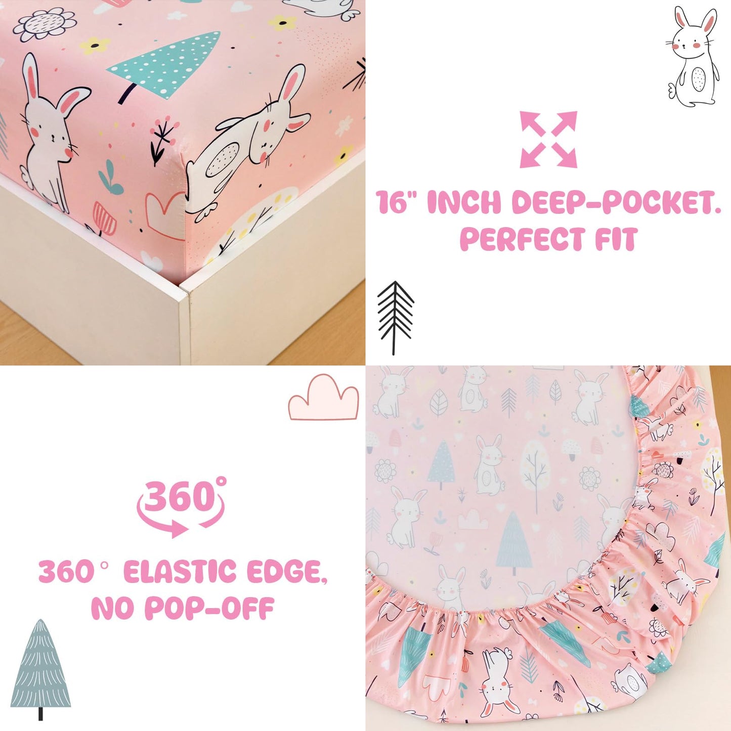 MICORAL Kids Twin Sheet Set Bunny, 3 Pieces Sheets for Boys & Girls, Soft Printed Microfiber Bed Sheets, Deep Pocket Cozy Toddler Bedding Set