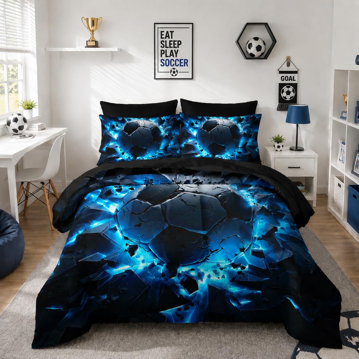 Nttopship Soccer Bedding Set Twin Size 7PCS for Adults, Blue Football Printed Bedding Sets 7 PCS,Ball Sports Themed Bedroom Decor Lightweight All Seasons with Pillowcases,Flat, Fitted Sheet