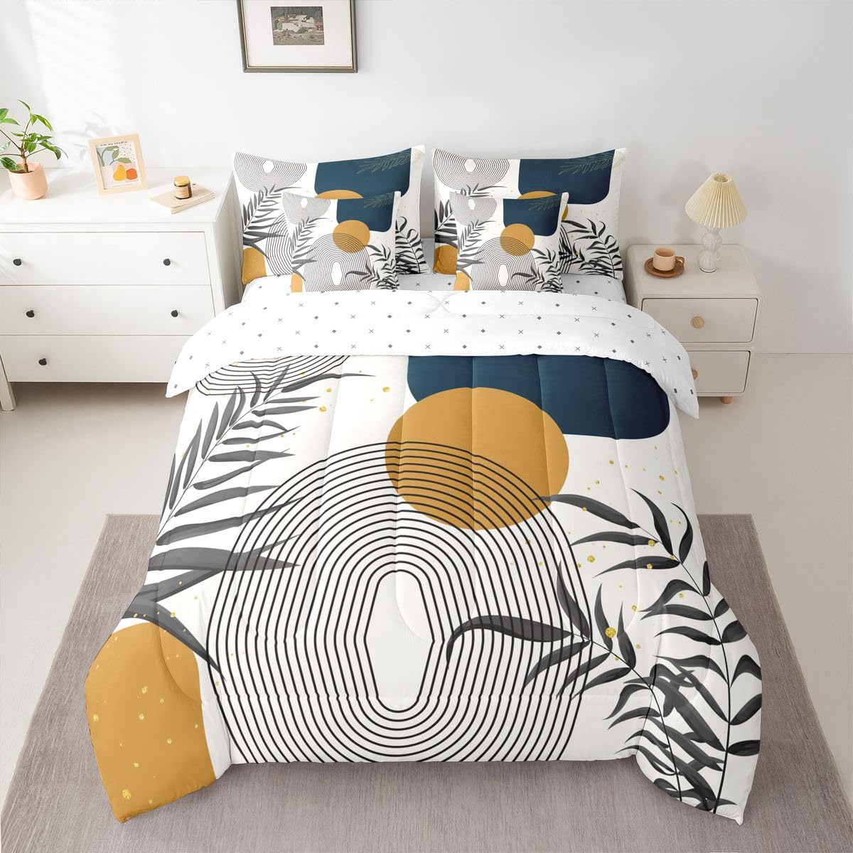 Erosebridal Boho Mid Century Full 7 Pcs Bedding Set, Contemporary Bohemian Minimalist Comforter Set with Sheets, Abstract Geometric Bed in A Bag, Sage Tropical Palm Leaves Retro Elegant Zen Bed Sets
