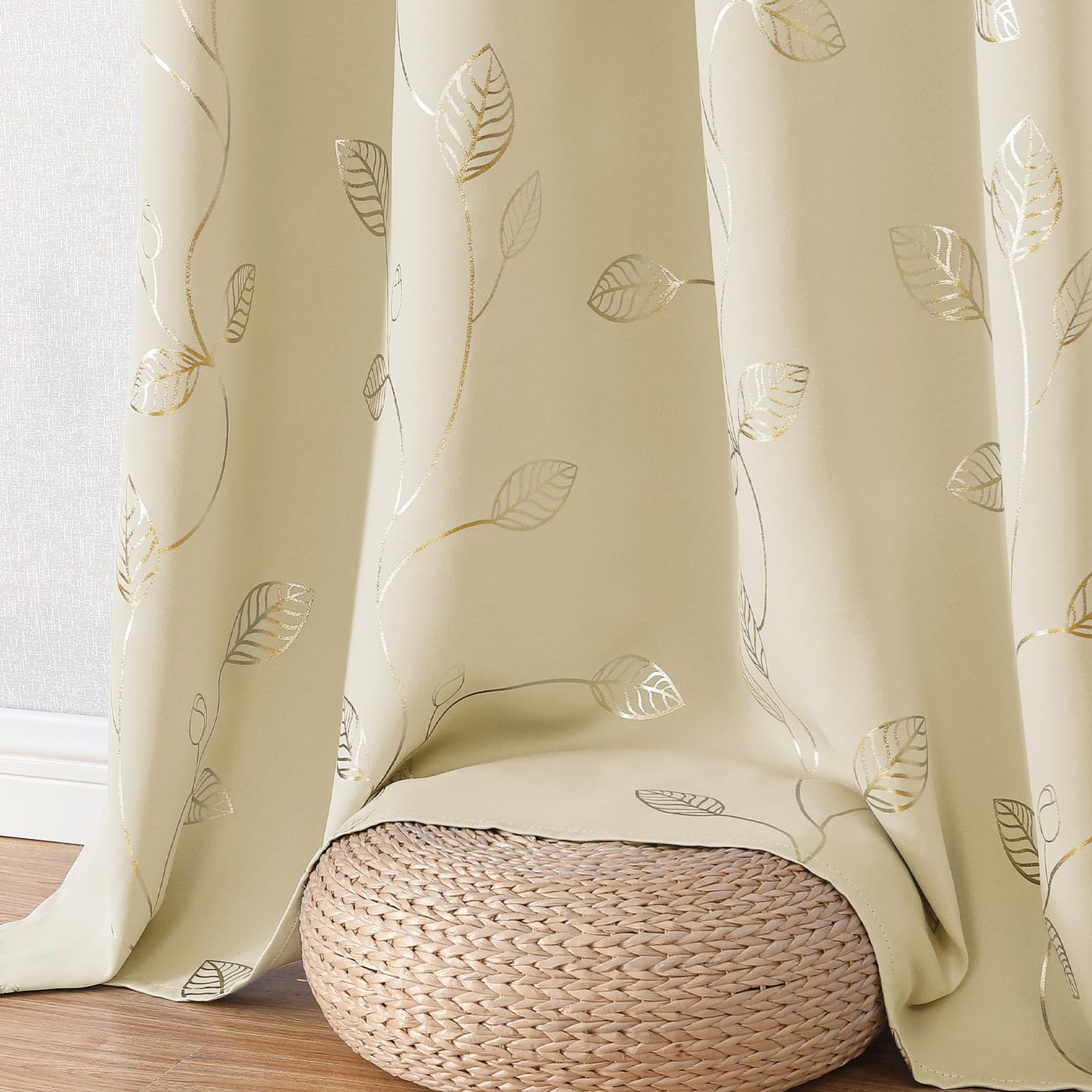 BUHUA Heat Blocking Curtains, Black Out Curtains 63 Inch Long 2 Panels Burg, Soundproof Curtains with Gold Leaf Printed (52 x 63 Inch, Beige, Set of 2 Panels)