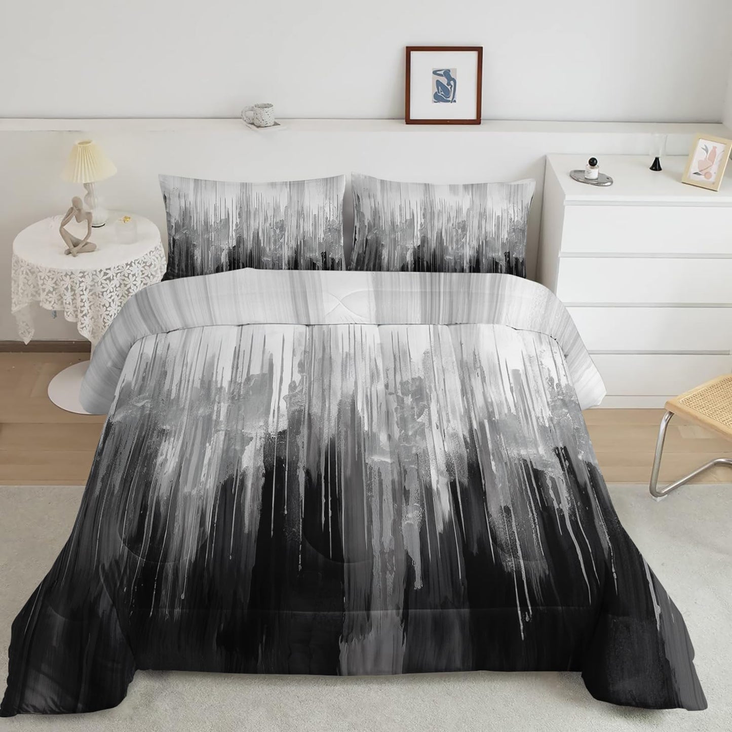 Nttopship Grey Black White Gradient Print Comforter Set King Size,Abstract Art Bedding Set,Patchwork Printed Quilted Set for Teens Adult,with 1 Comforter and 2 Pillow Case