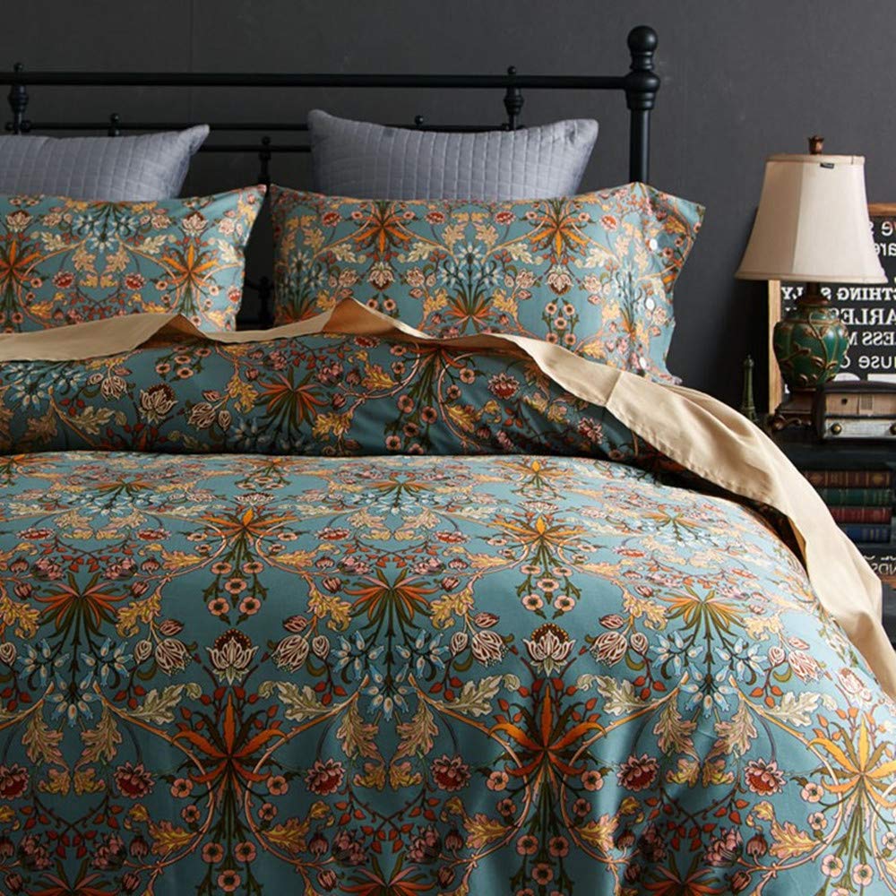 VM VOUGEMARKET Green Gold Duvet Cover Queen,Medallion Paisley Print Bedding Set 400 Thread Count Percale Cotton Vibrant Bohemian Pattern Quit Cover with Zipper Closure