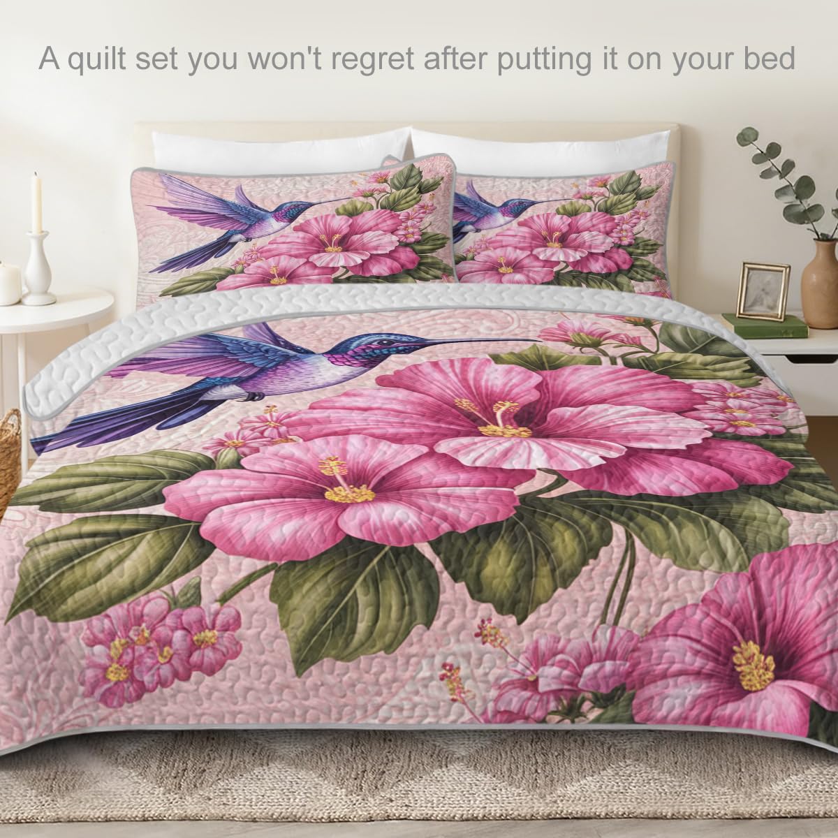 ARIGHTEX Flower Bird Quilt Set Queen Size Pink Hibiscus Hummingbird Floral Bedding Set Lightweight Botanical Quilt Coverlet Soft Microfiber Bedspread Spring Quilt Set with Pillow Shams