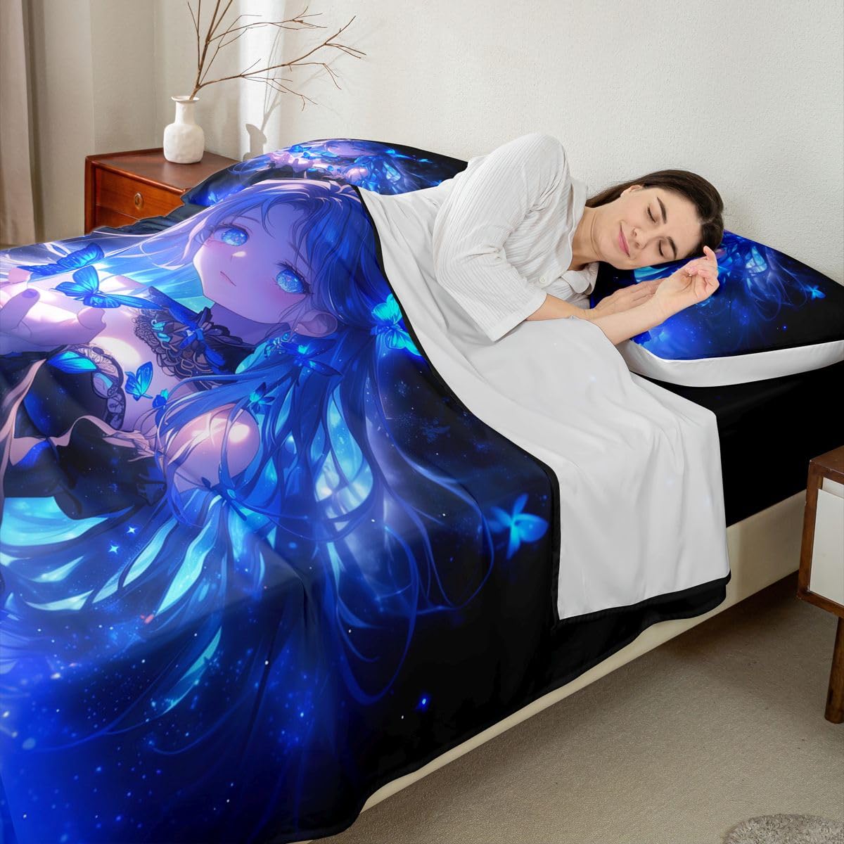 Erosebridal 3D Japanese Girl Bed Sheets Set Blue Butterfly Decorations Sheets Full,Cartoon Sheet Set for Boys Girls Anime Gifts for Her Bedding Sets Bedroom Decor 4 Pieces