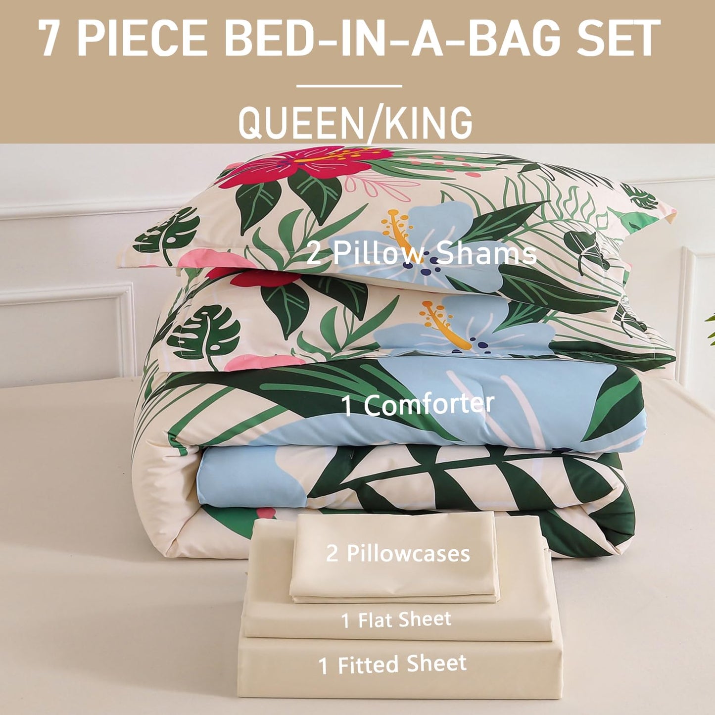 Yogeneg 7 Piece Bed in a Bag Queen Size Comforter Set Beige Bedding Set,Pink Floral Green Leaves Pattern Reversible Design,Soft Microfiber Comforter with Sheet Set,All Season(Beige,Queen)