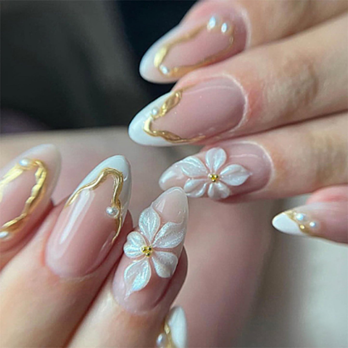 octoswave Press on Nails Medium Almond Fake Nails White French Artificial Nail Flowers Embossed and Pearl Stick on Nail for Women 24pcs