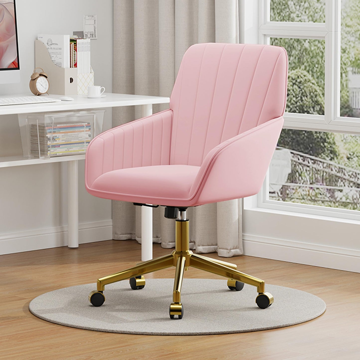 YITAI Velvet Office Desk Armchairs with Gold Base and Wheels,Modern Height Adjustable 360 Degree Swivel Upholstered Vanity Chairs for Living/Room Bedroom/Study,Pink